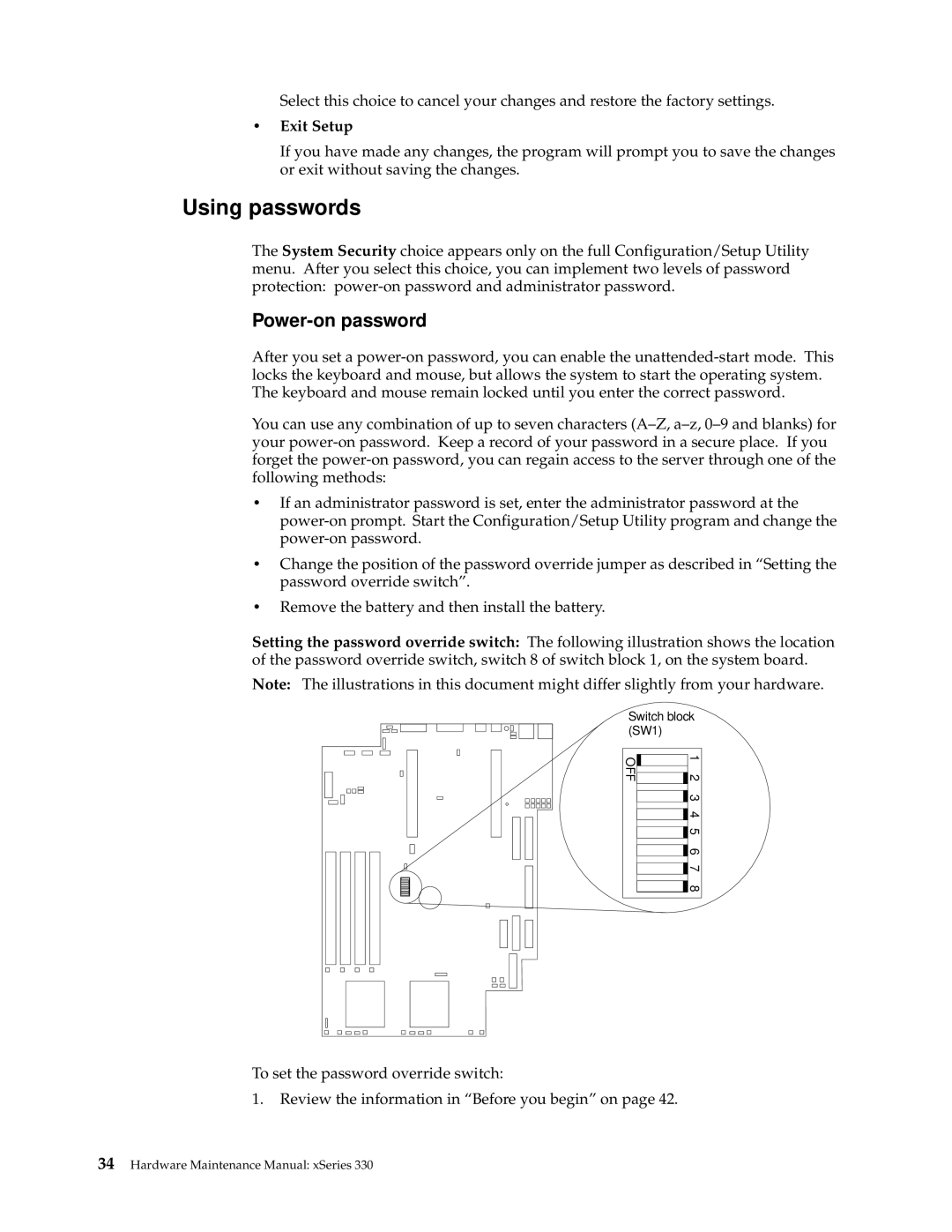 IBM xSeries 330 manual Using passwords, Power-on password, Exit Setup 