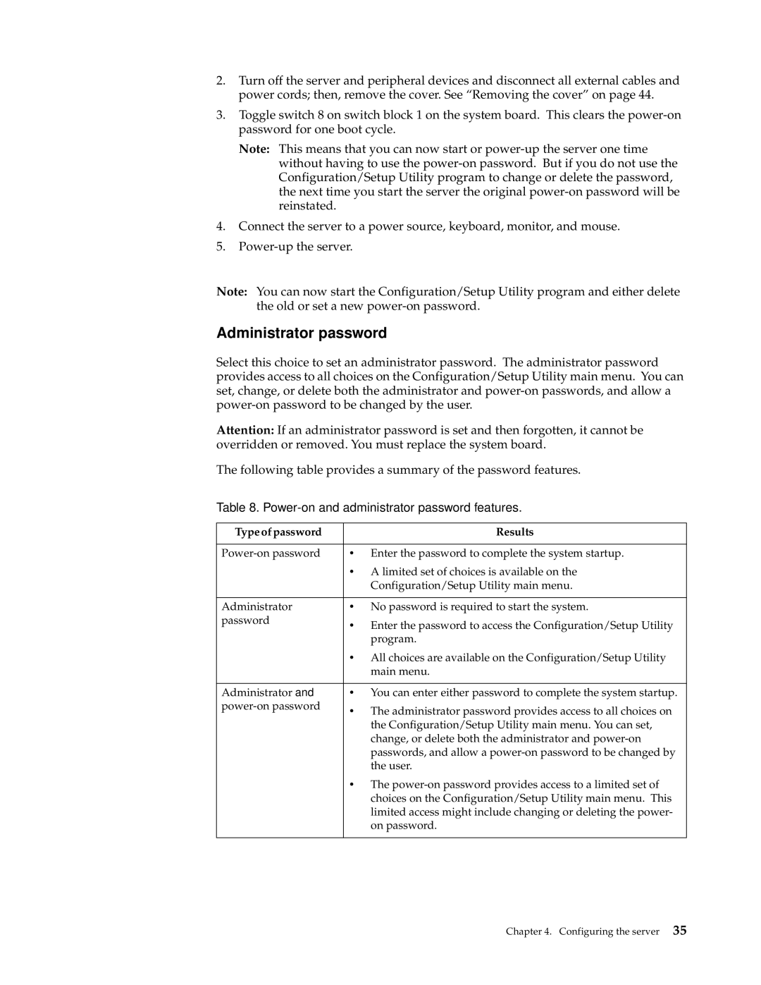 IBM xSeries 330 manual Administrator password, Type of password Results 