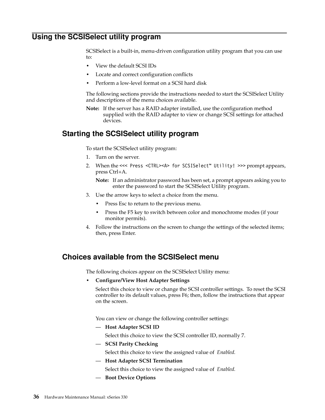 IBM xSeries 330 manual Using the SCSISelect utility program, Starting the SCSISelect utility program 