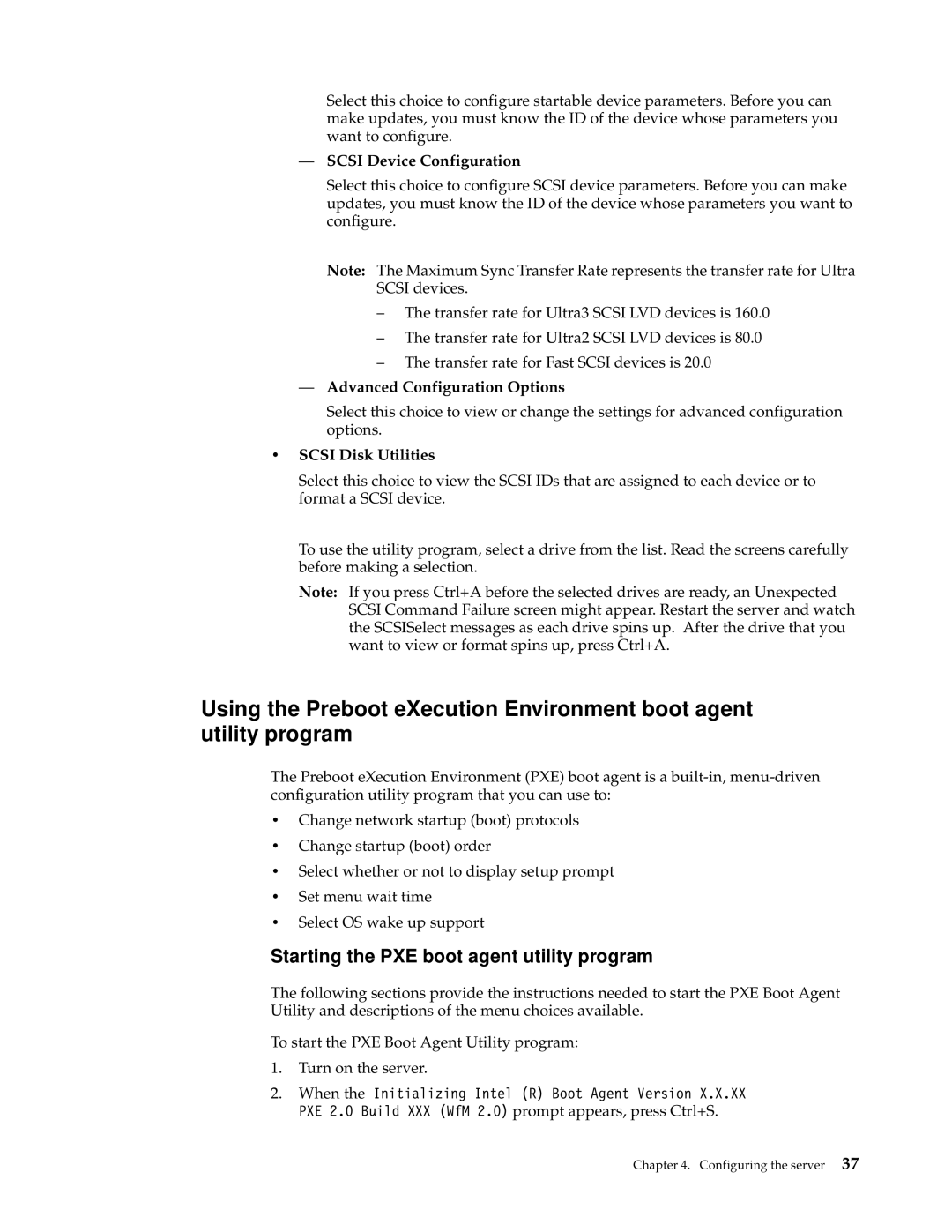 IBM xSeries 330 Starting the PXE boot agent utility program, Scsi Device Configuration, Advanced Configuration Options 