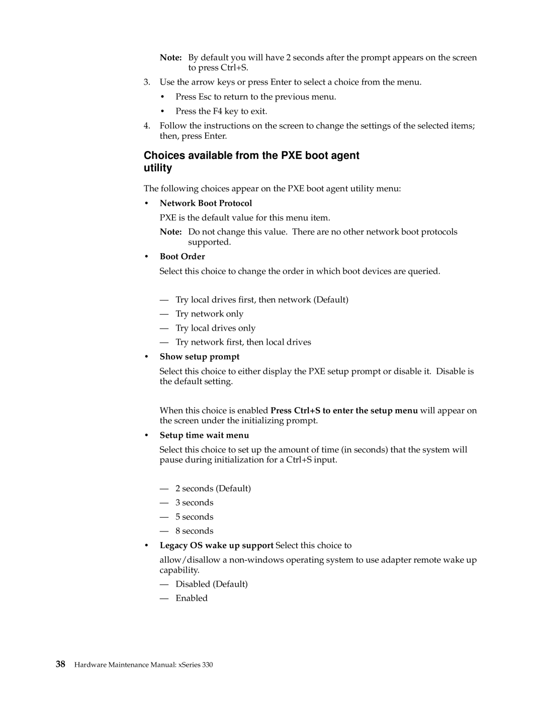 IBM xSeries 330 manual Choices available from the PXE boot agent utility 