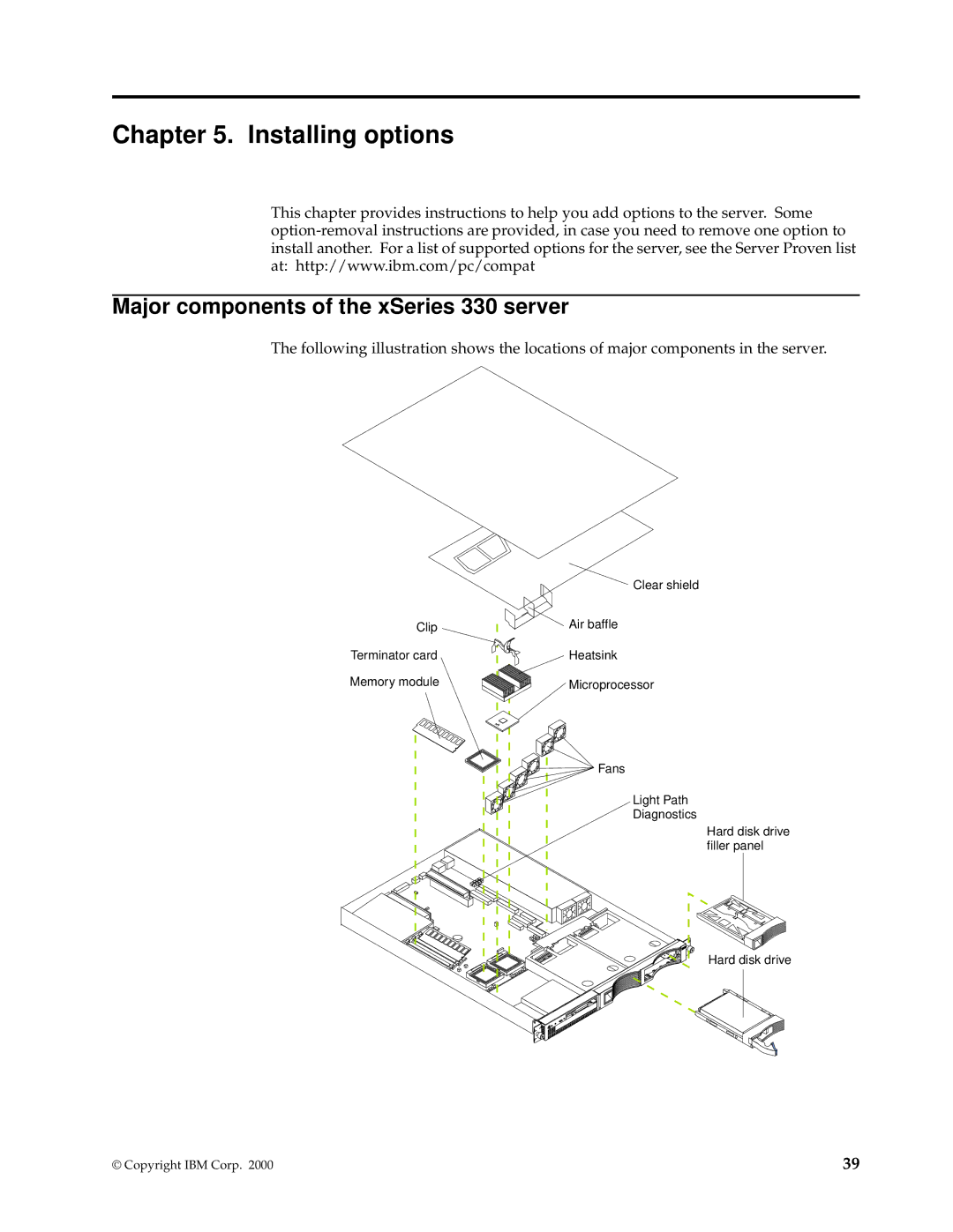 IBM manual Installing options, Major components of the xSeries 330 server 