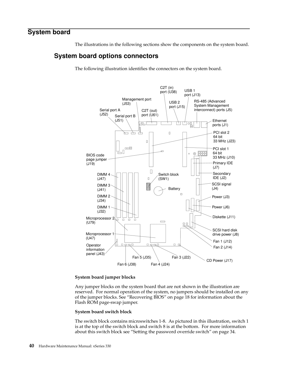 IBM xSeries 330 manual System board options connectors, System board jumper blocks, System board switch block 