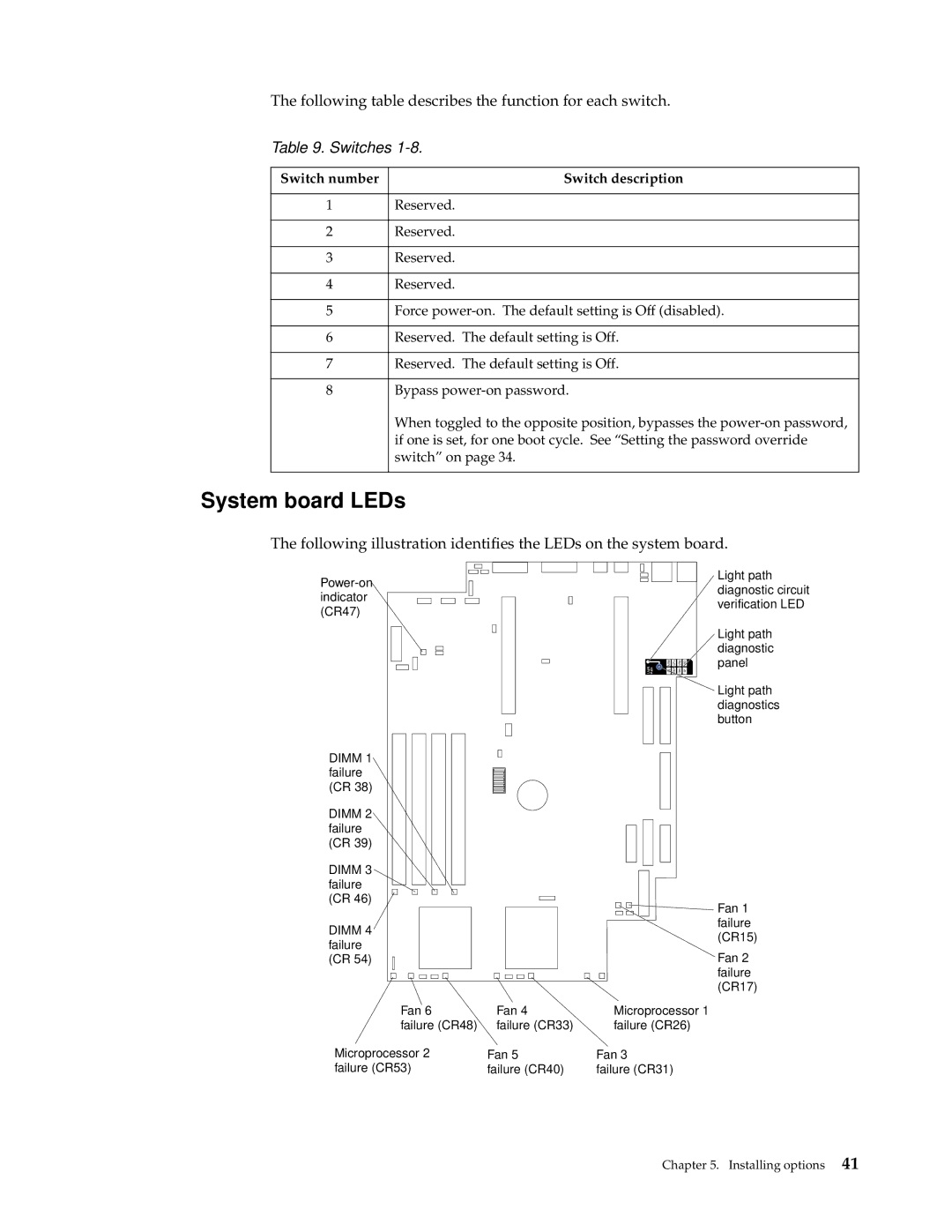 IBM xSeries 330 manual System board LEDs, Switch number Switch description 