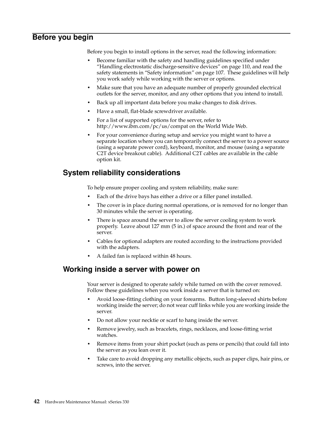 IBM xSeries 330 manual Before you begin, System reliability considerations, Working inside a server with power on 