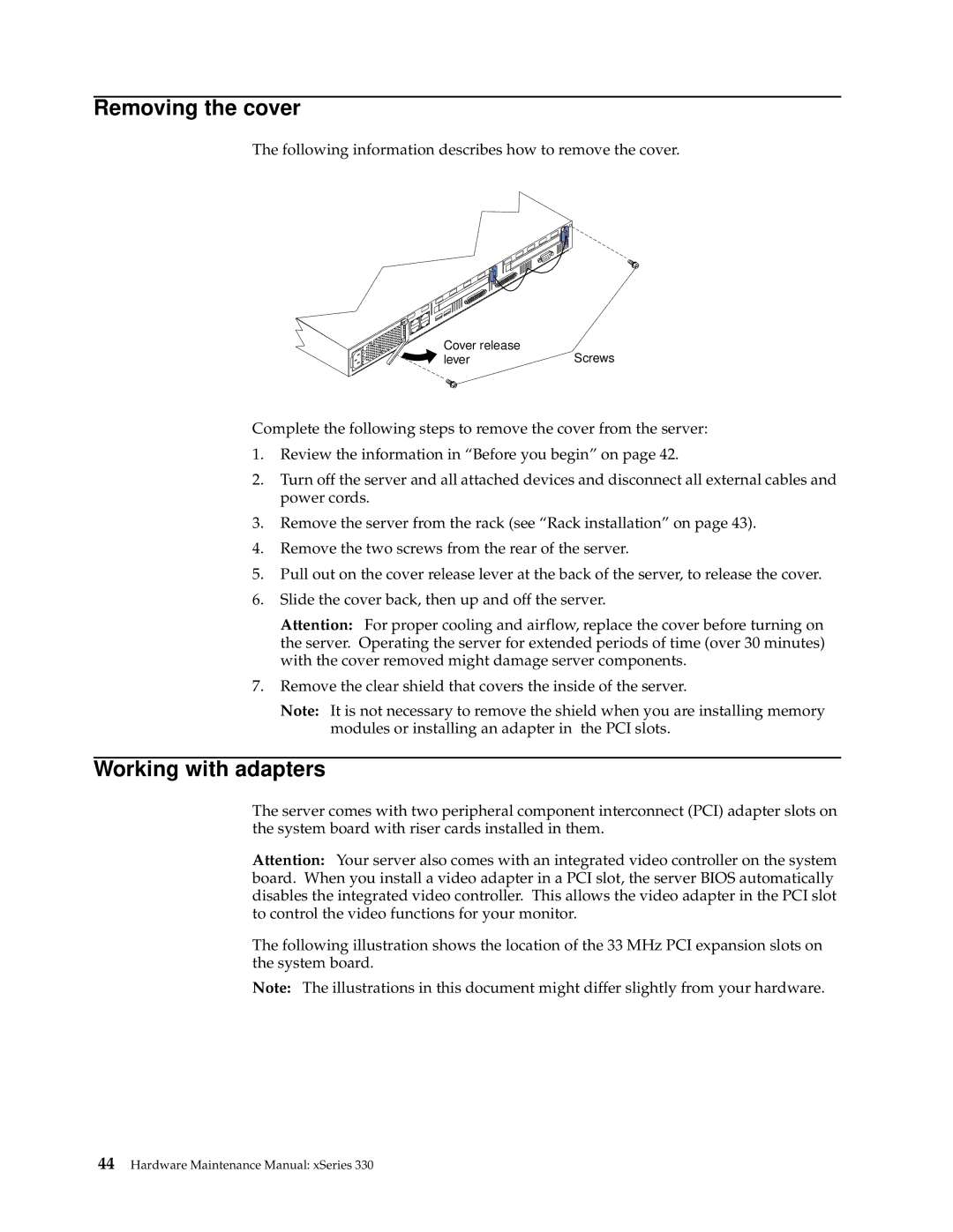 IBM xSeries 330 manual Removing the cover, Working with adapters 