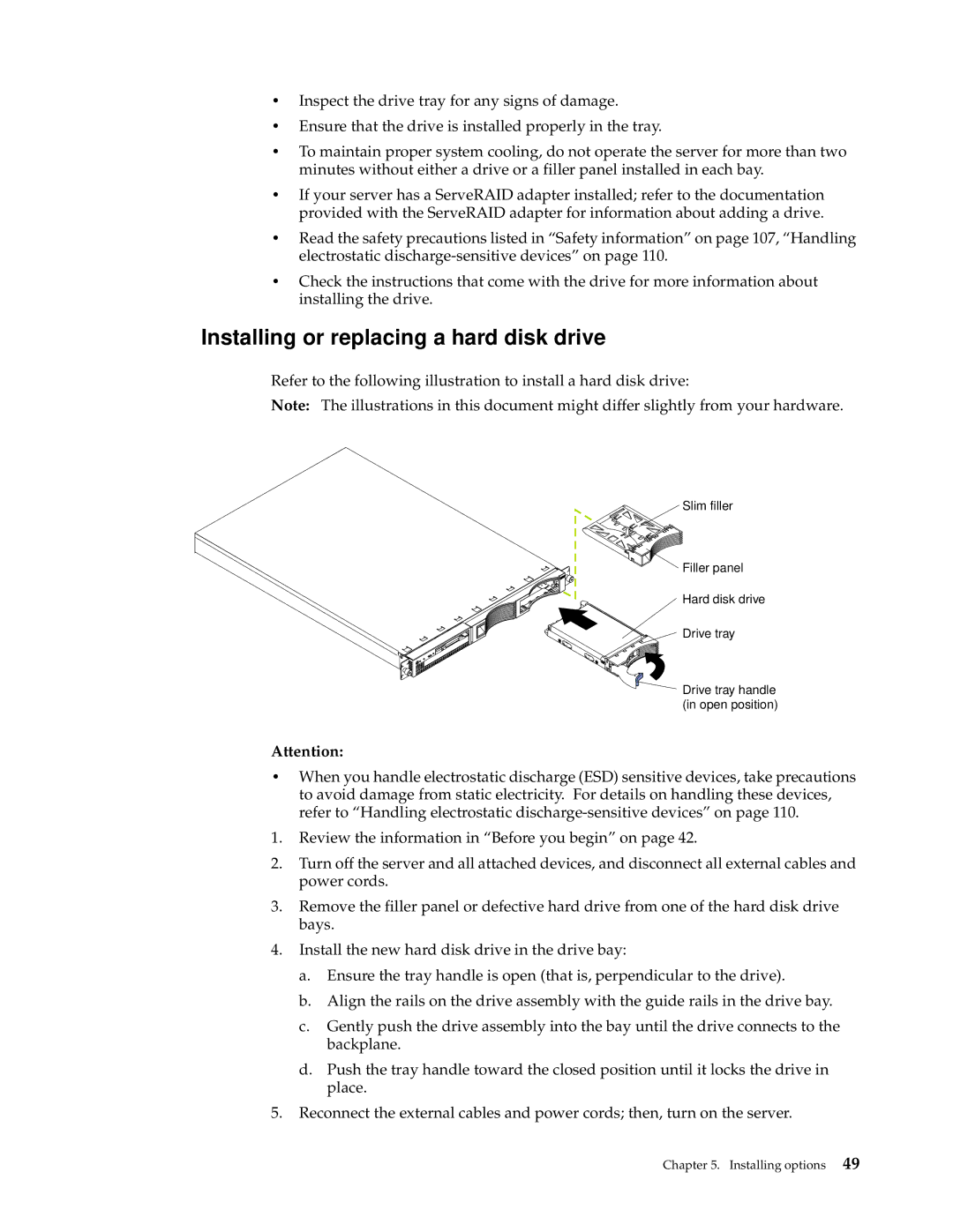 IBM xSeries 330 manual Installing or replacing a hard disk drive 