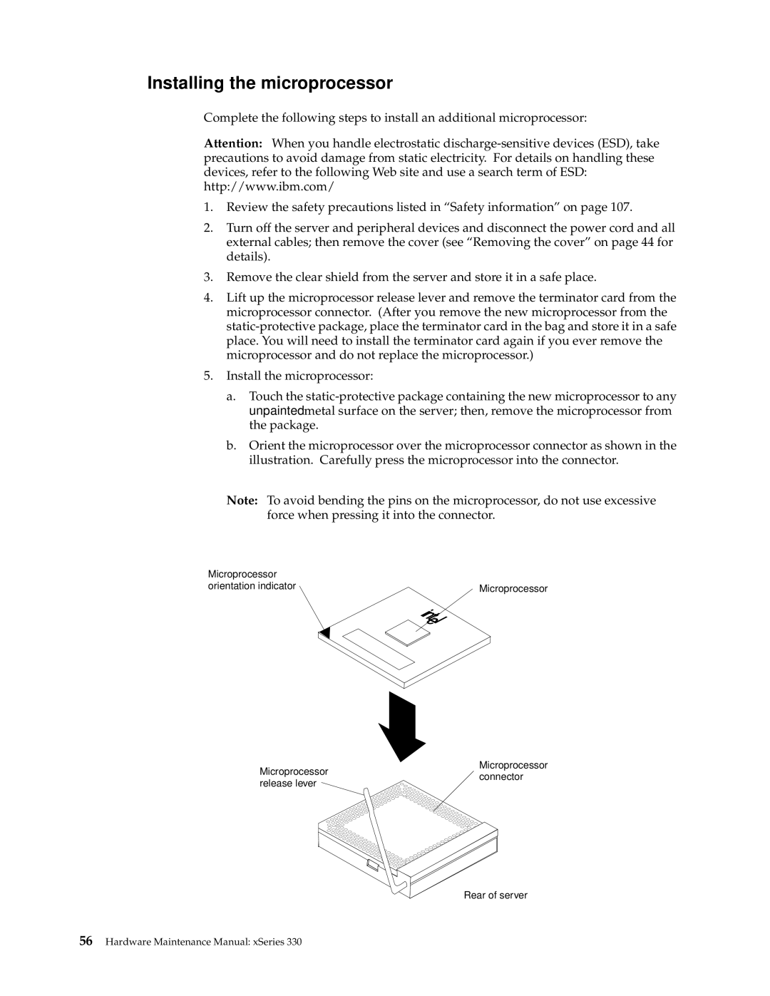 IBM xSeries 330 manual Installing the microprocessor 