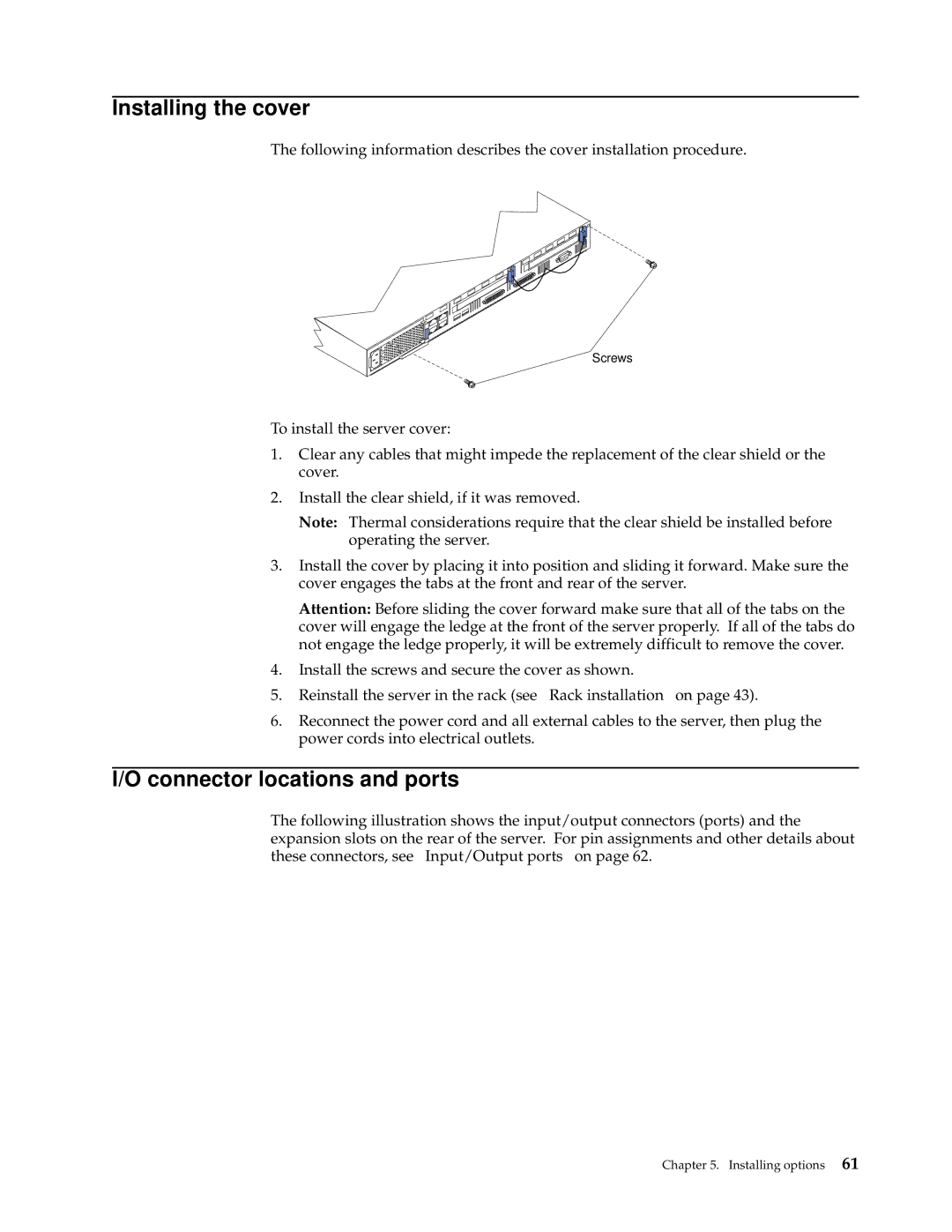 IBM xSeries 330 manual Installing the cover, Connector locations and ports 