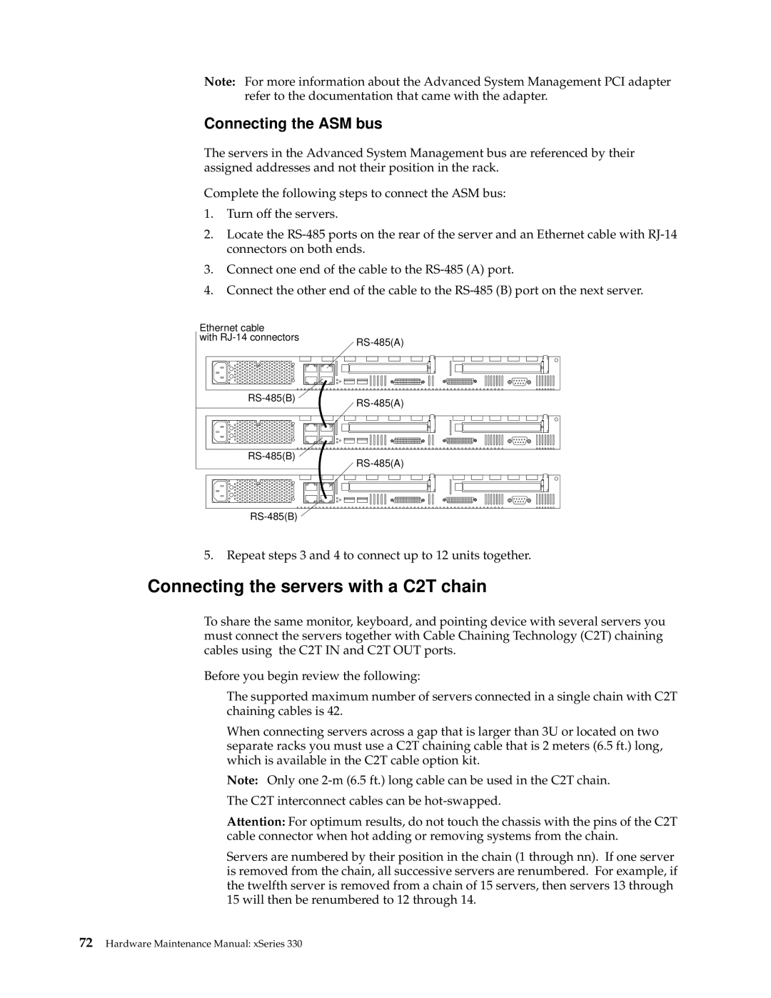 IBM xSeries 330 manual Connecting the servers with a C2T chain, Connecting the ASM bus 