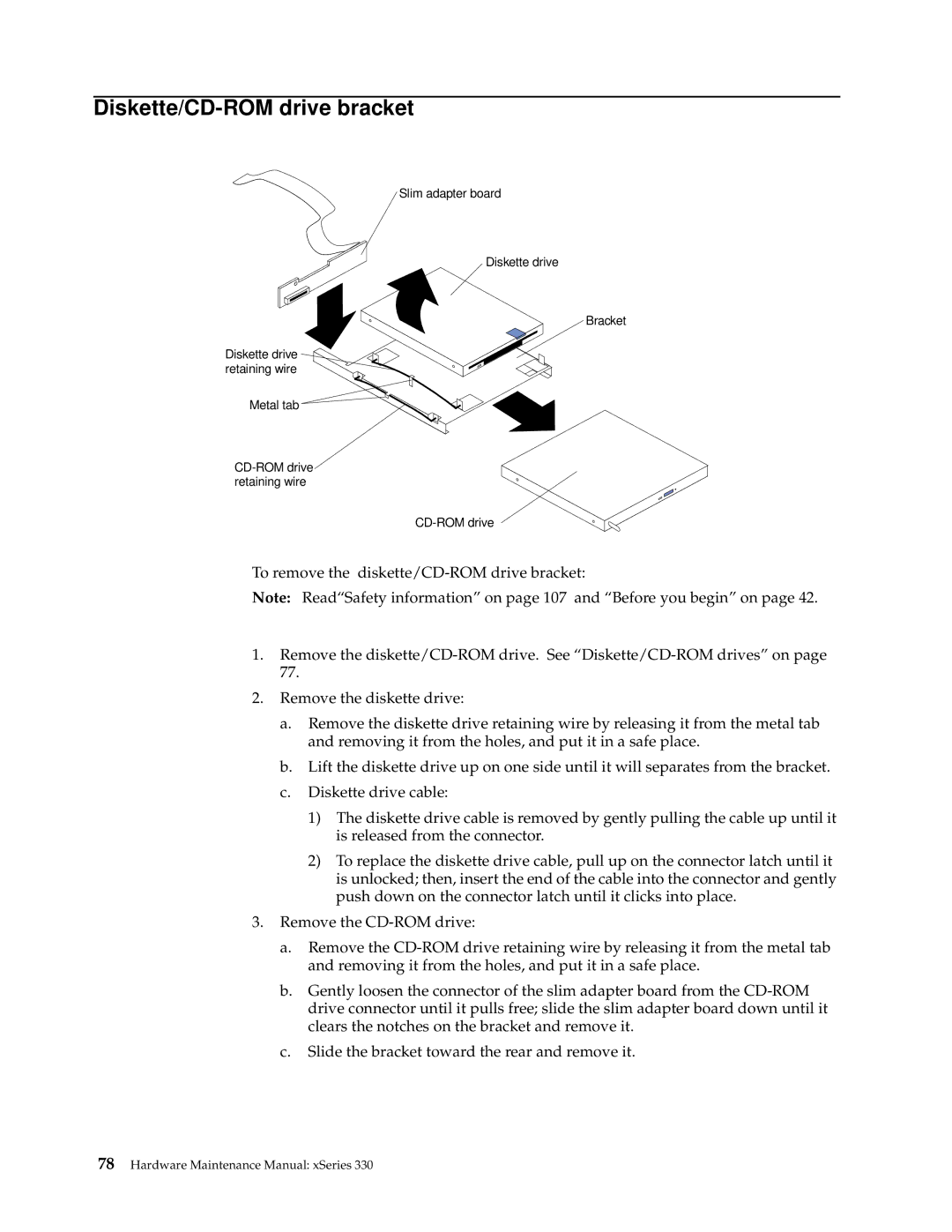 IBM xSeries 330 manual Diskette/CD-ROM drive bracket 