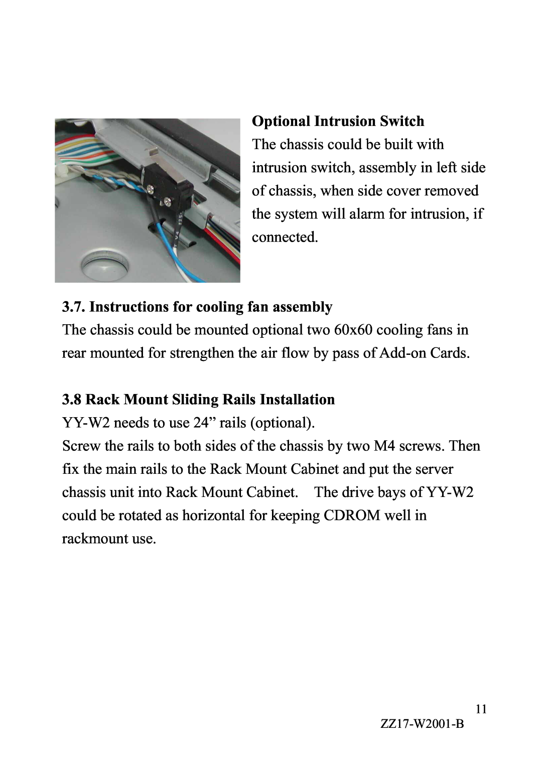 IBM YY-R5xx manual Optional Intrusion Switch, Instructions for cooling fan assembly, Rack Mount Sliding Rails Installation 