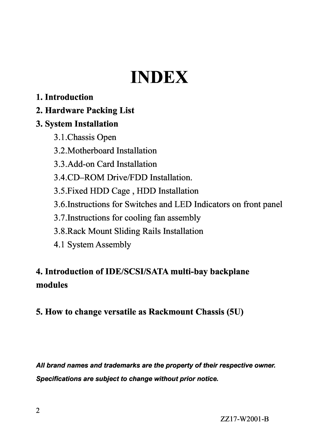 IBM YY-W2xx manual Introduction 2. Hardware Packing List, Introduction of IDE/SCSI/SATA multi-bay backplane modules, Index 