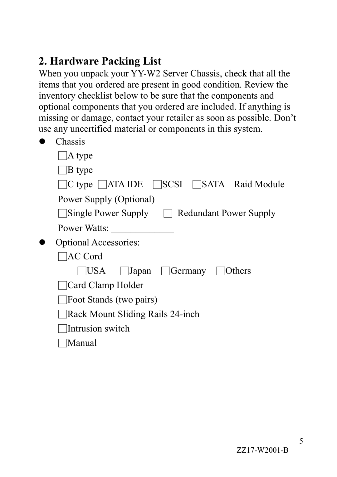 IBM YY-R5xx, YY-W2xx manual Hardware Packing List 