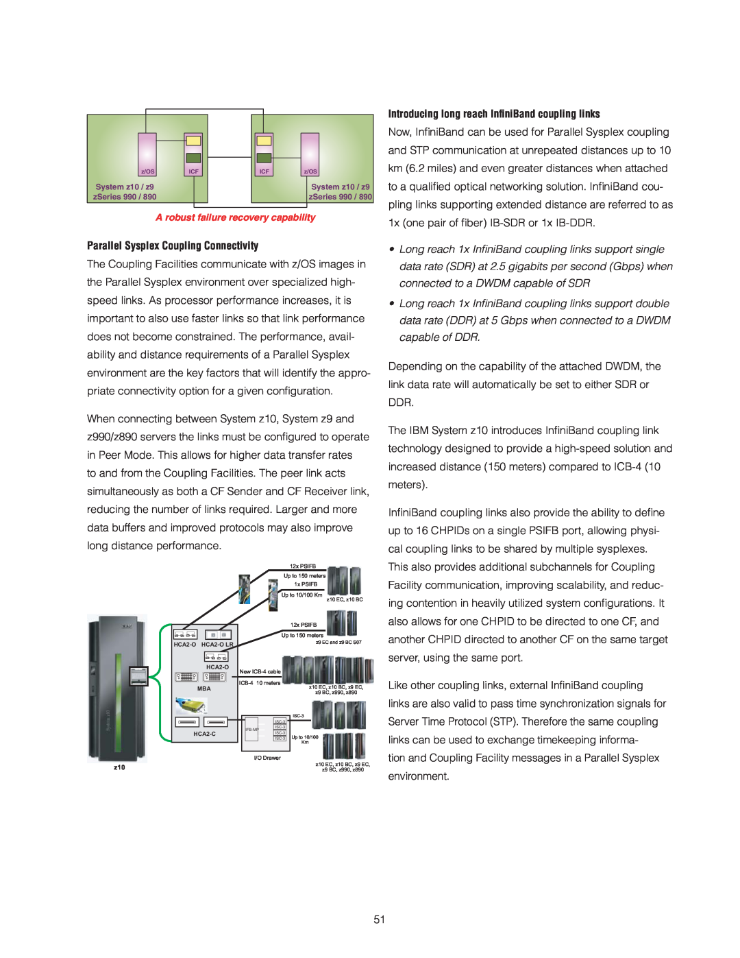 IBM Z10 BC manual Parallel Sysplex Coupling Connectivity, Introducing long reach InﬁniBand coupling links 
