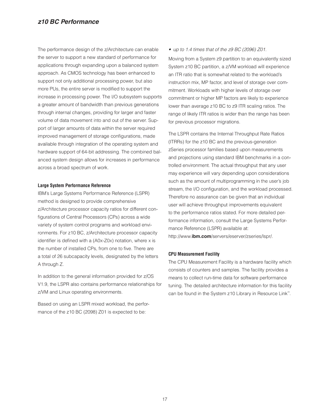 IBM manual Z10 BC Performance, Large System Performance Reference, CPU Measurement Facility 