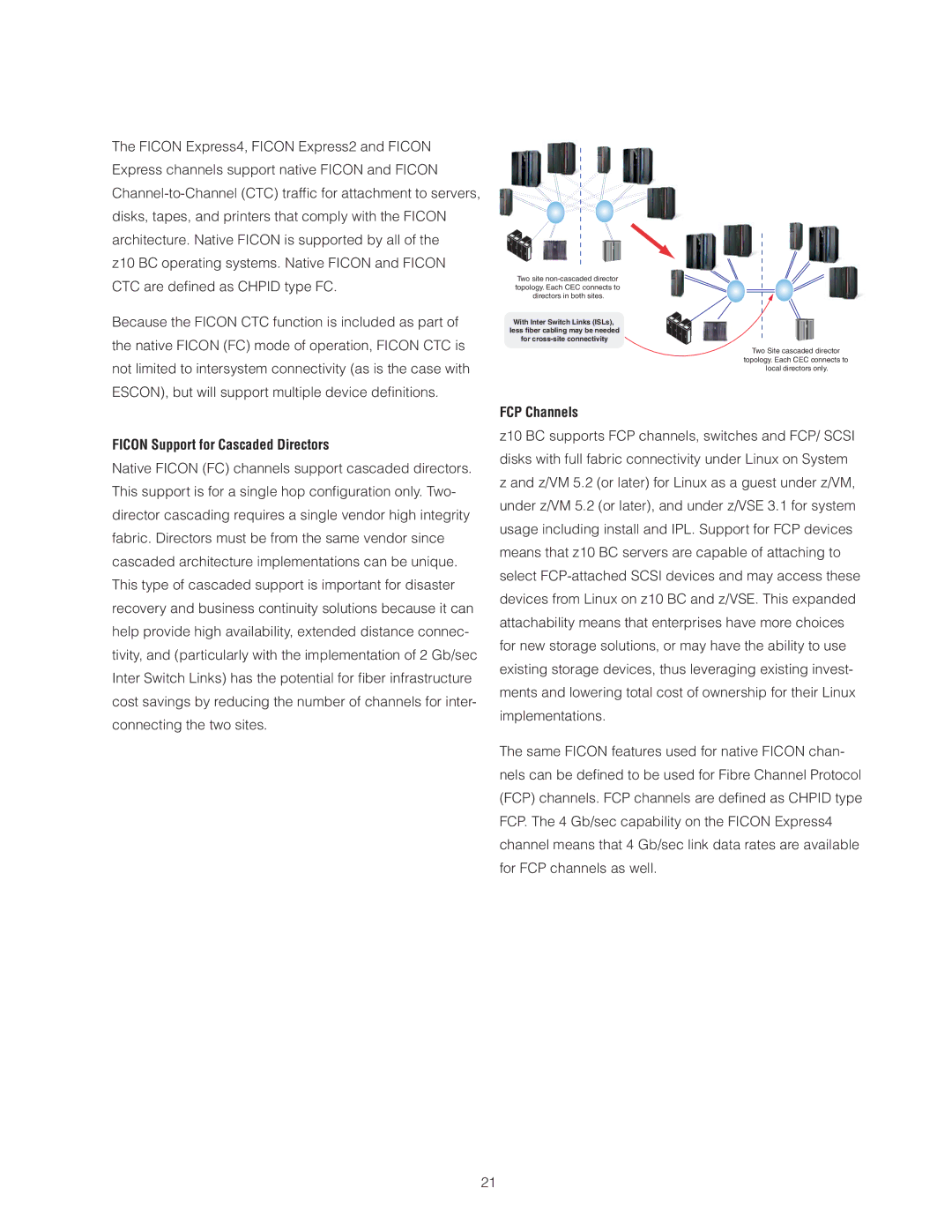 IBM Z10 BC manual Ficon Support for Cascaded Directors, FCP Channels 