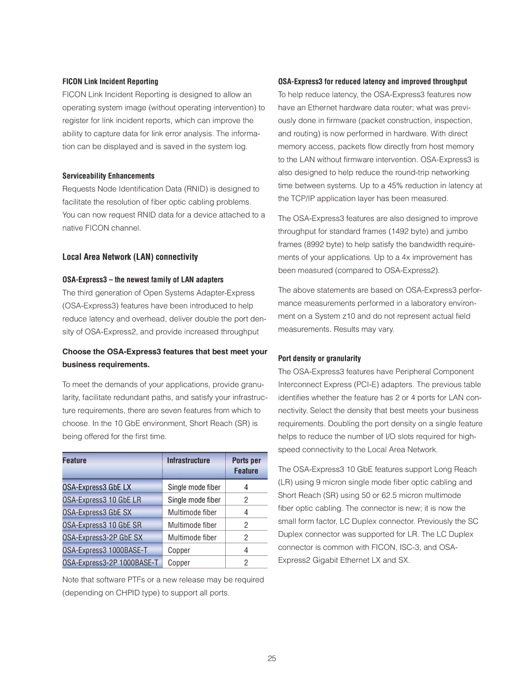 IBM Z10 BC Ficon Link Incident Reporting, Serviceability Enhancements, OSA-Express3 the newest family of LAN adapters 