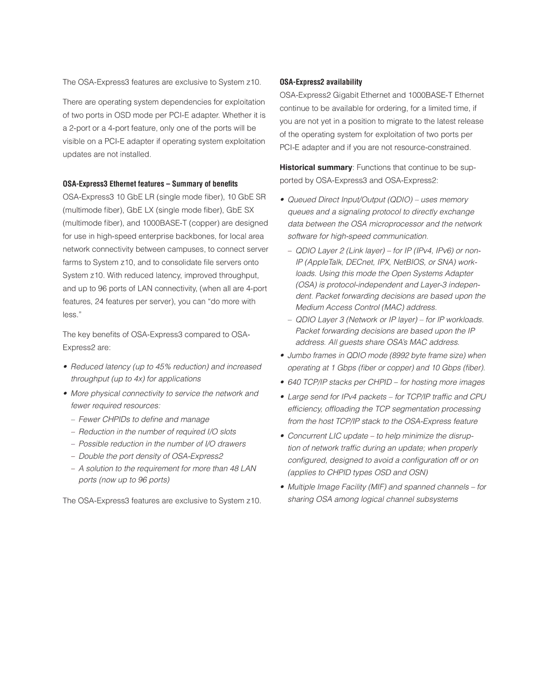 IBM Z10 BC manual OSA-Express3 Ethernet features Summary of beneﬁts, OSA-Express2 availability 