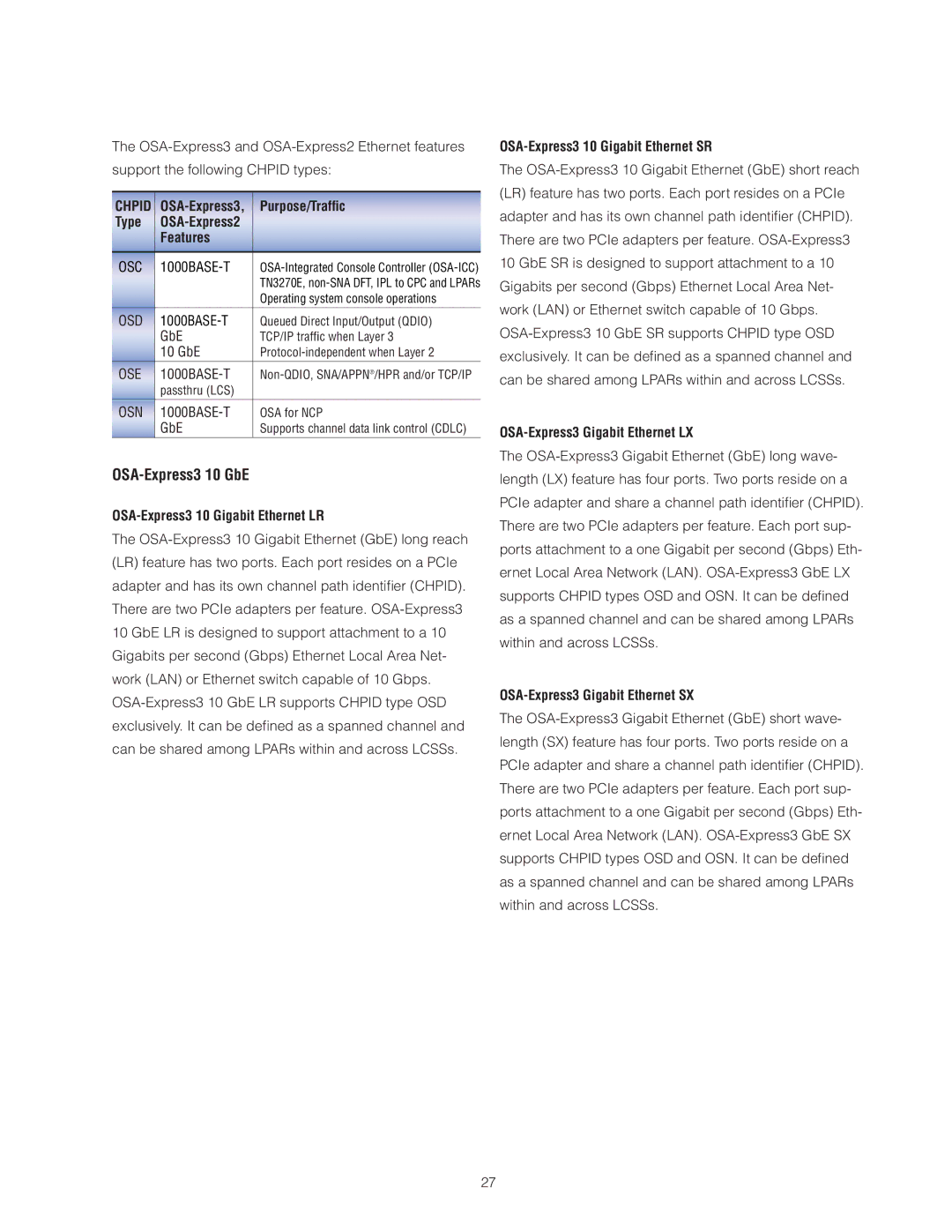 IBM Z10 BC manual Purpose/Trafﬁc, Type, Features, OSA-Express3 10 Gigabit Ethernet LR, OSA-Express3 10 Gigabit Ethernet SR 