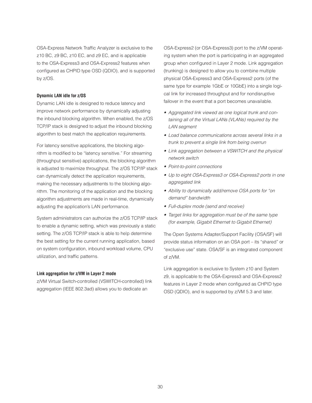 IBM Z10 BC manual Dynamic LAN idle for z/OS, Link aggregation for z/VM in Layer 2 mode 