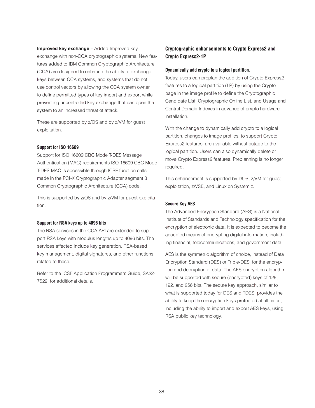 IBM Z10 BC manual Support for ISO, Support for RSA keys up to 4096 bits, Dynamically add crypto to a logical partition 