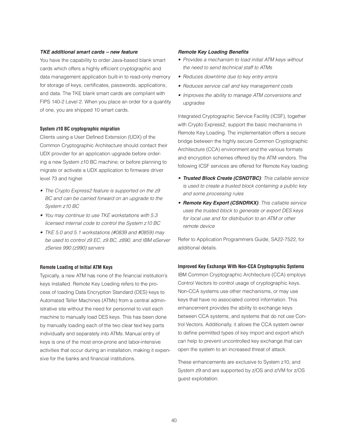 IBM Z10 BC manual TKE additional smart cards new feature, System z10 BC cryptographic migration, Remote Key Loading Beneﬁts 