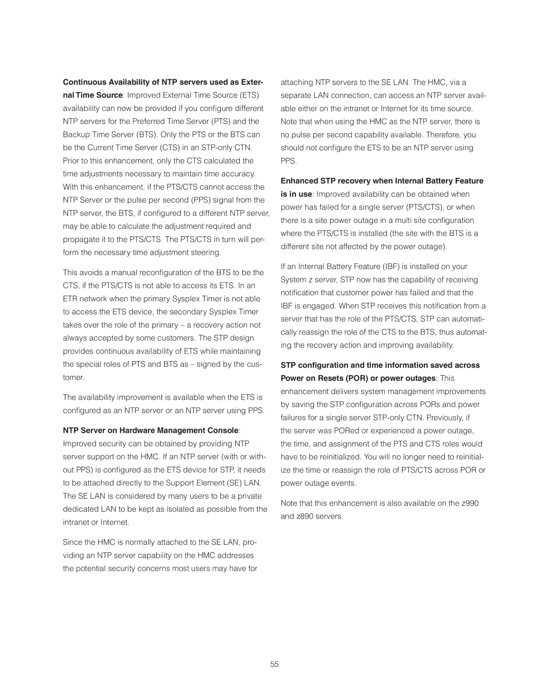 IBM Z10 BC manual Continuous Availability of NTP servers used as Exter, Enhanced STP recovery when Internal Battery Feature 