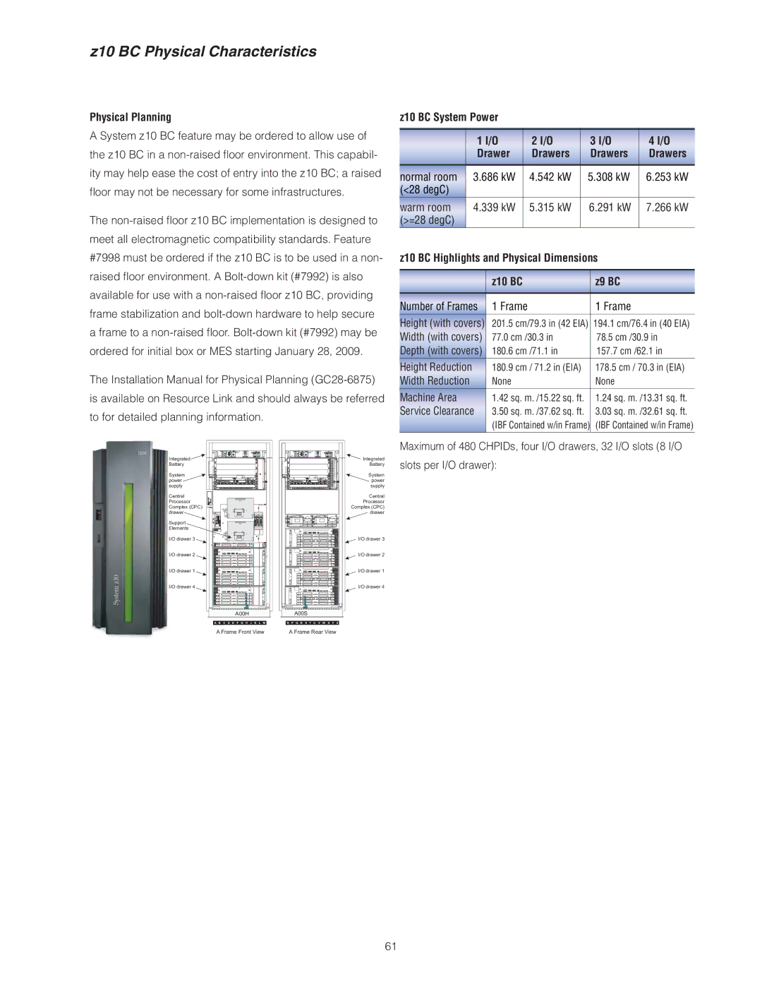 IBM manual Z10 BC Physical Characteristics, Physical Planning, Z10 BC System Power, Drawers 