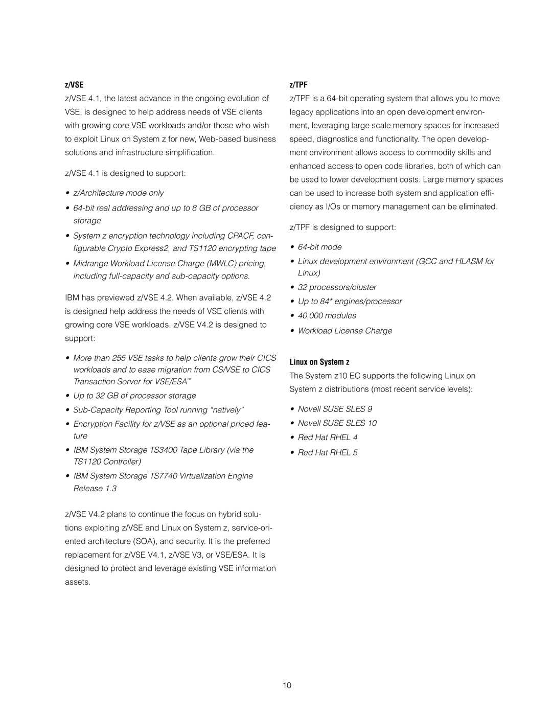 IBM Z10 EC manual Vse, Tpf, Linux on System z 