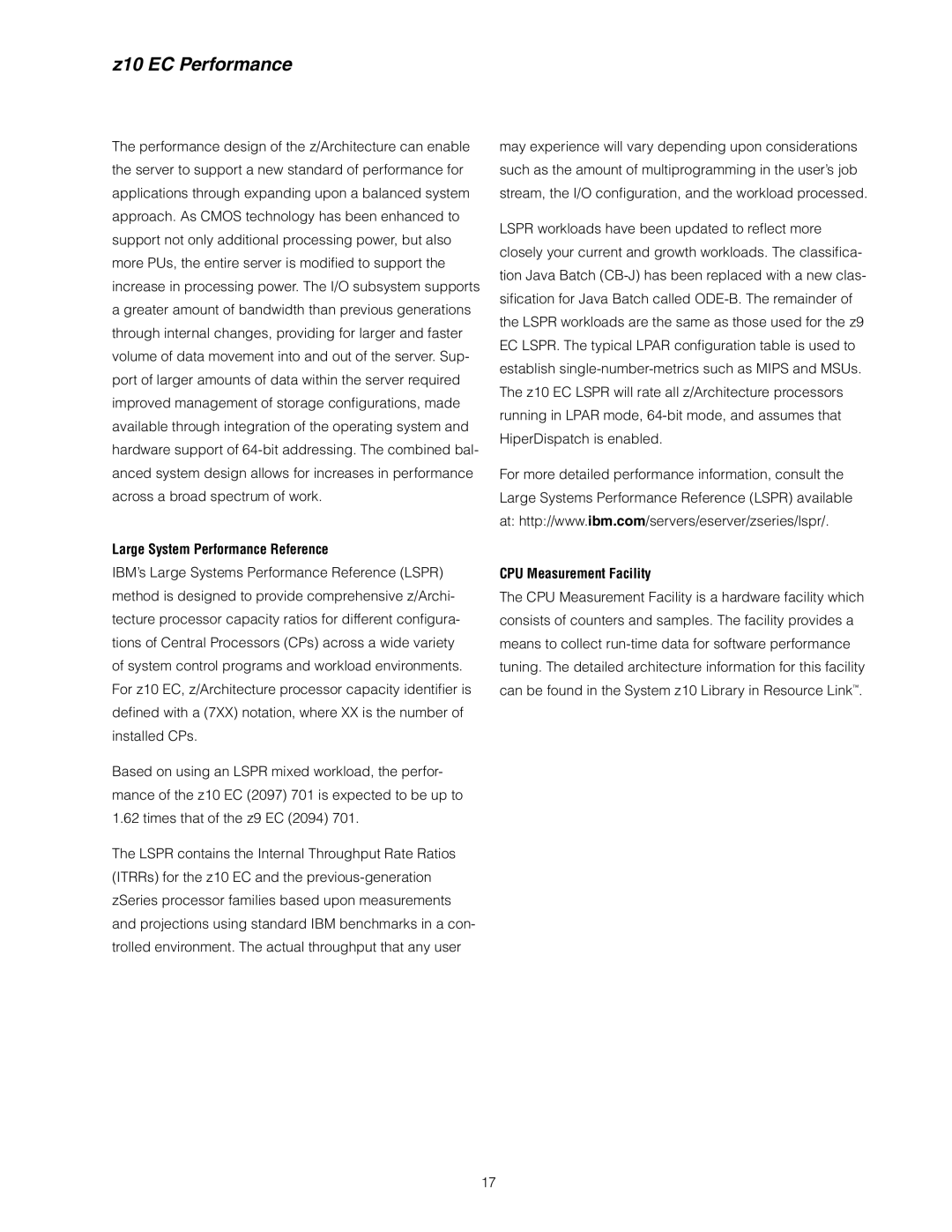 IBM manual Z10 EC Performance, Large System Performance Reference, CPU Measurement Facility 