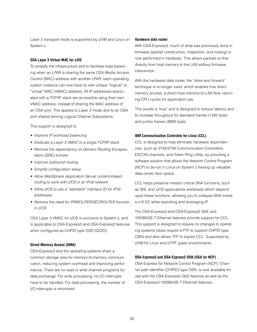 IBM Z10 EC manual OSA Layer 3 Virtual MAC for z/OS, Direct Memory Access DMA, Hardware data router 