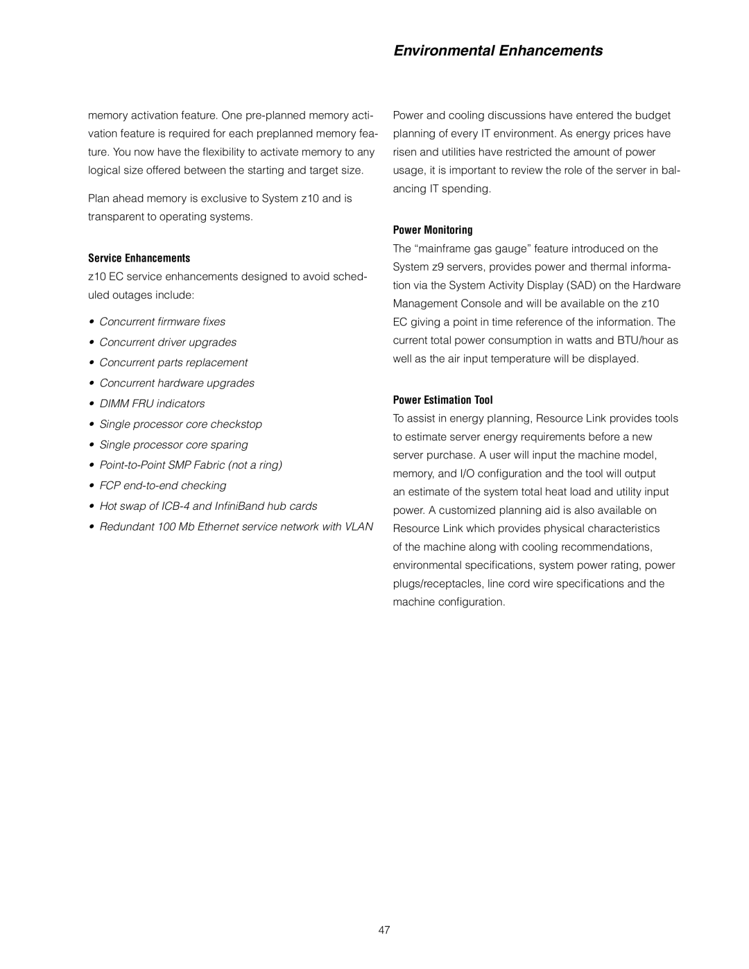 IBM Z10 EC manual Environmental Enhancements, Service Enhancements, Power Monitoring, Power Estimation Tool 