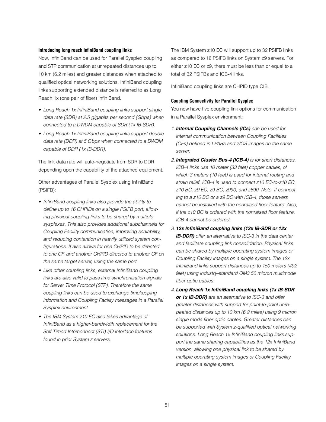 IBM Z10 EC manual Introducing long reach InﬁniBand coupling links, Coupling Connectivity for Parallel Sysplex 