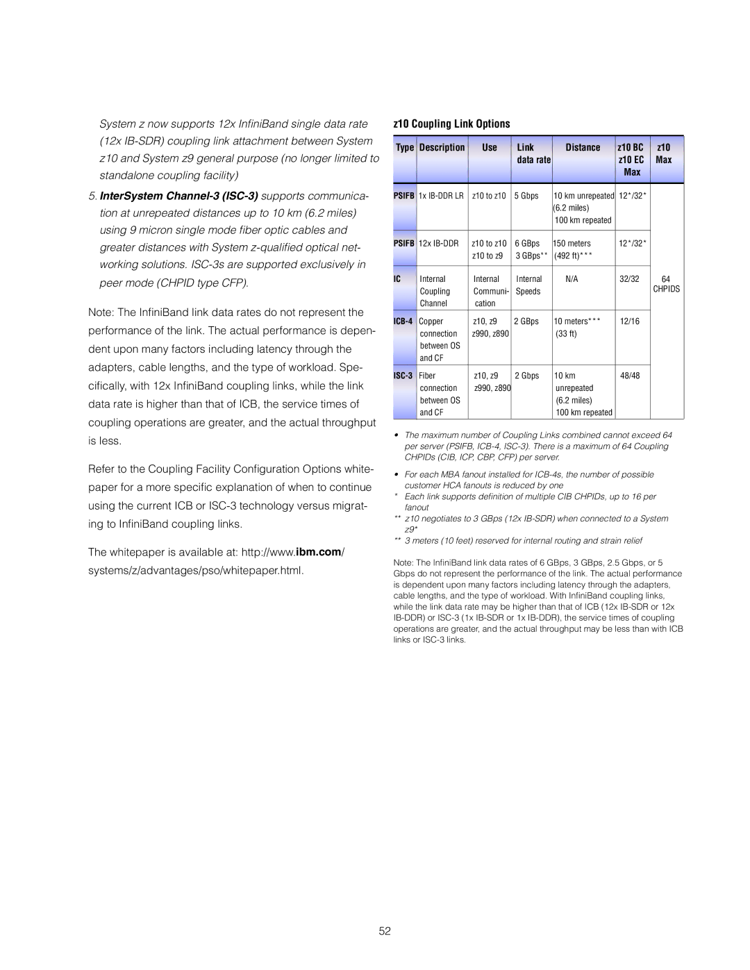 IBM manual Z10 Coupling Link Options, Z10 EC Max 