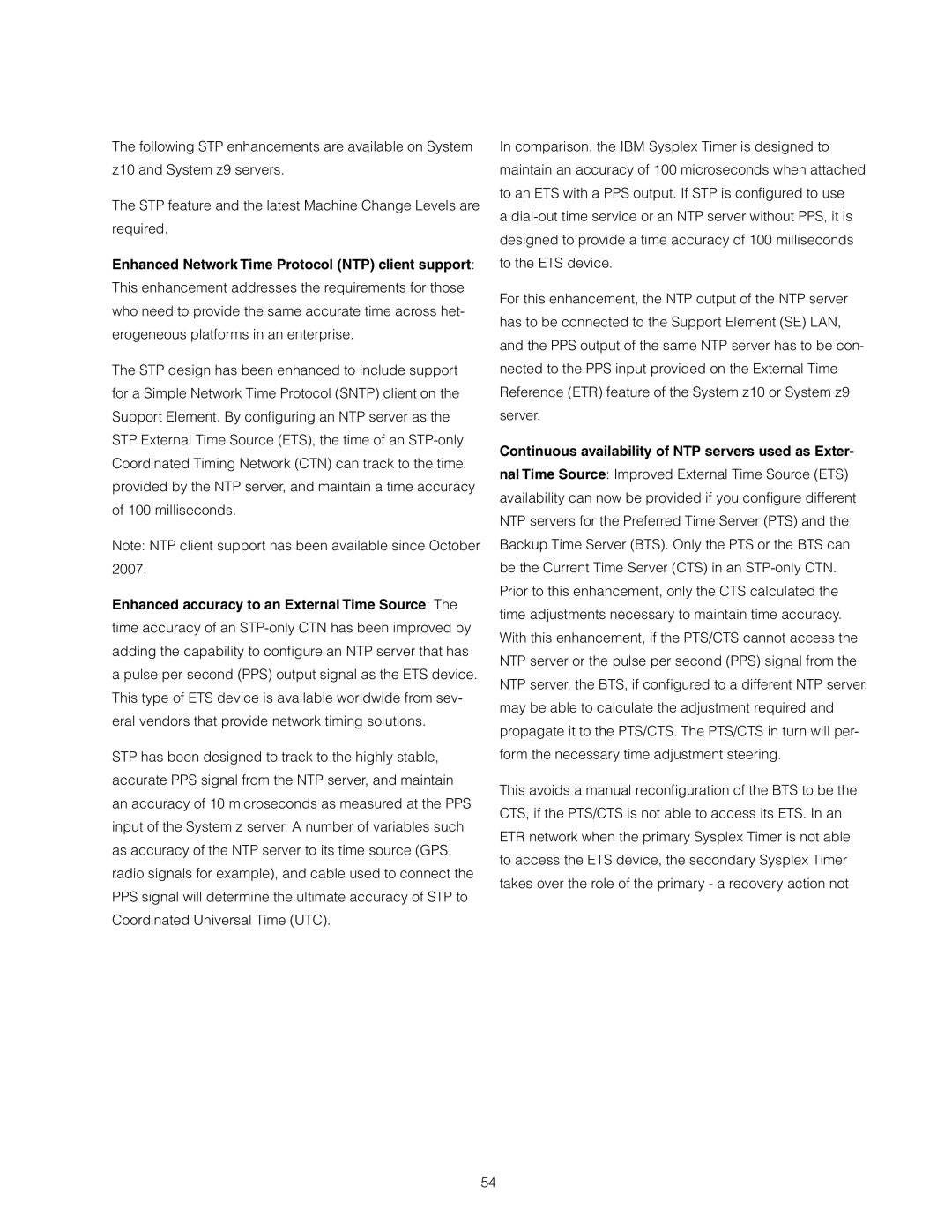 IBM Z10 EC manual Enhanced Network Time Protocol NTP client support, Continuous availability of NTP servers used as Exter 