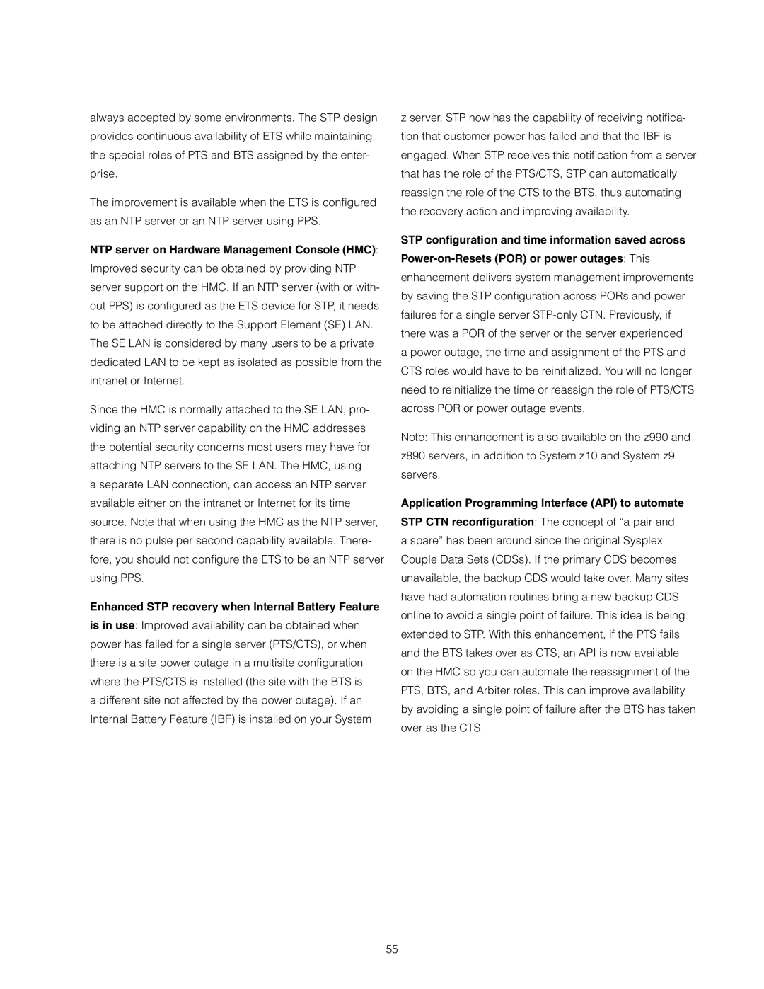 IBM Z10 EC manual NTP server on Hardware Management Console HMC, Enhanced STP recovery when Internal Battery Feature 