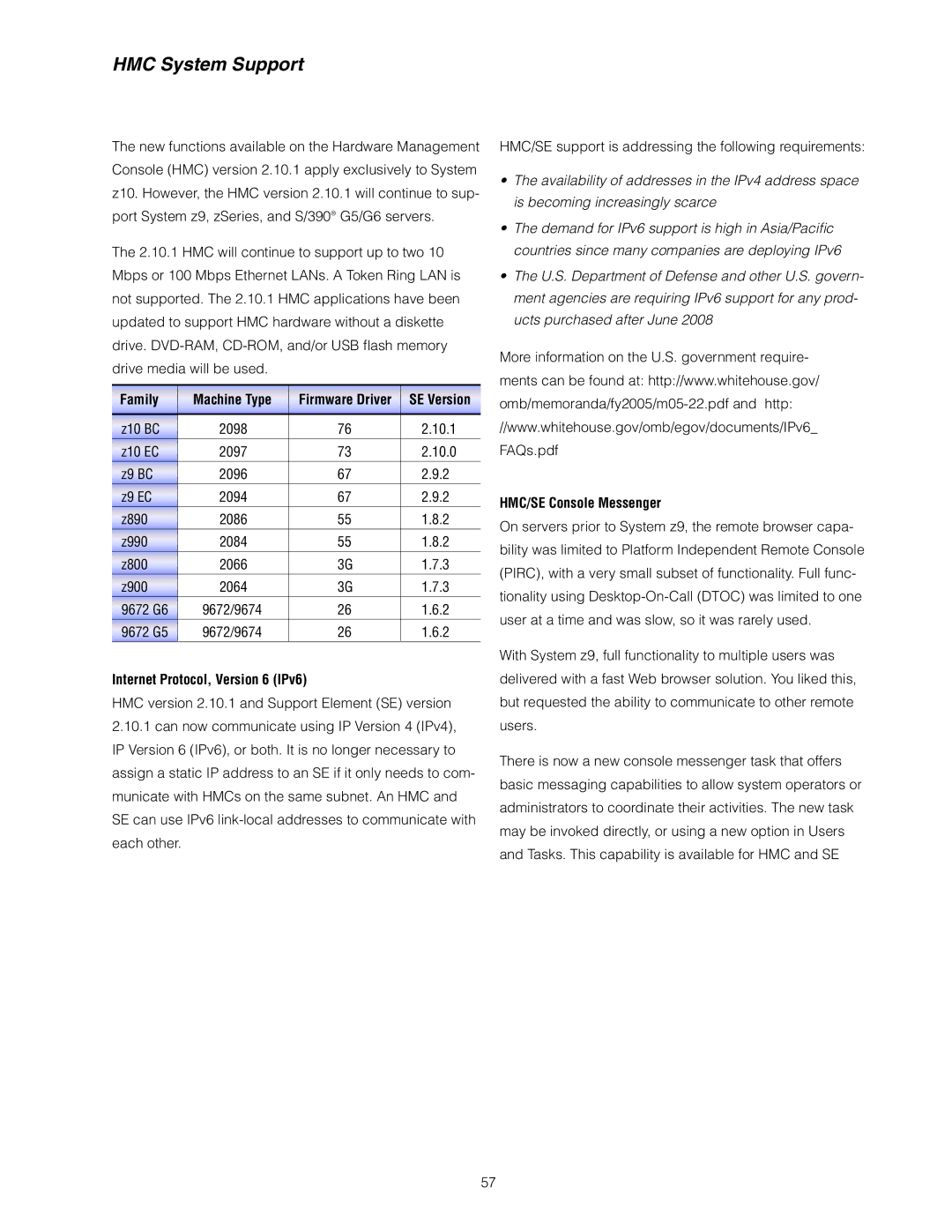 IBM Z10 EC manual HMC System Support, Family Machine Type, Internet Protocol, Version 6 IPv6, HMC/SE Console Messenger 