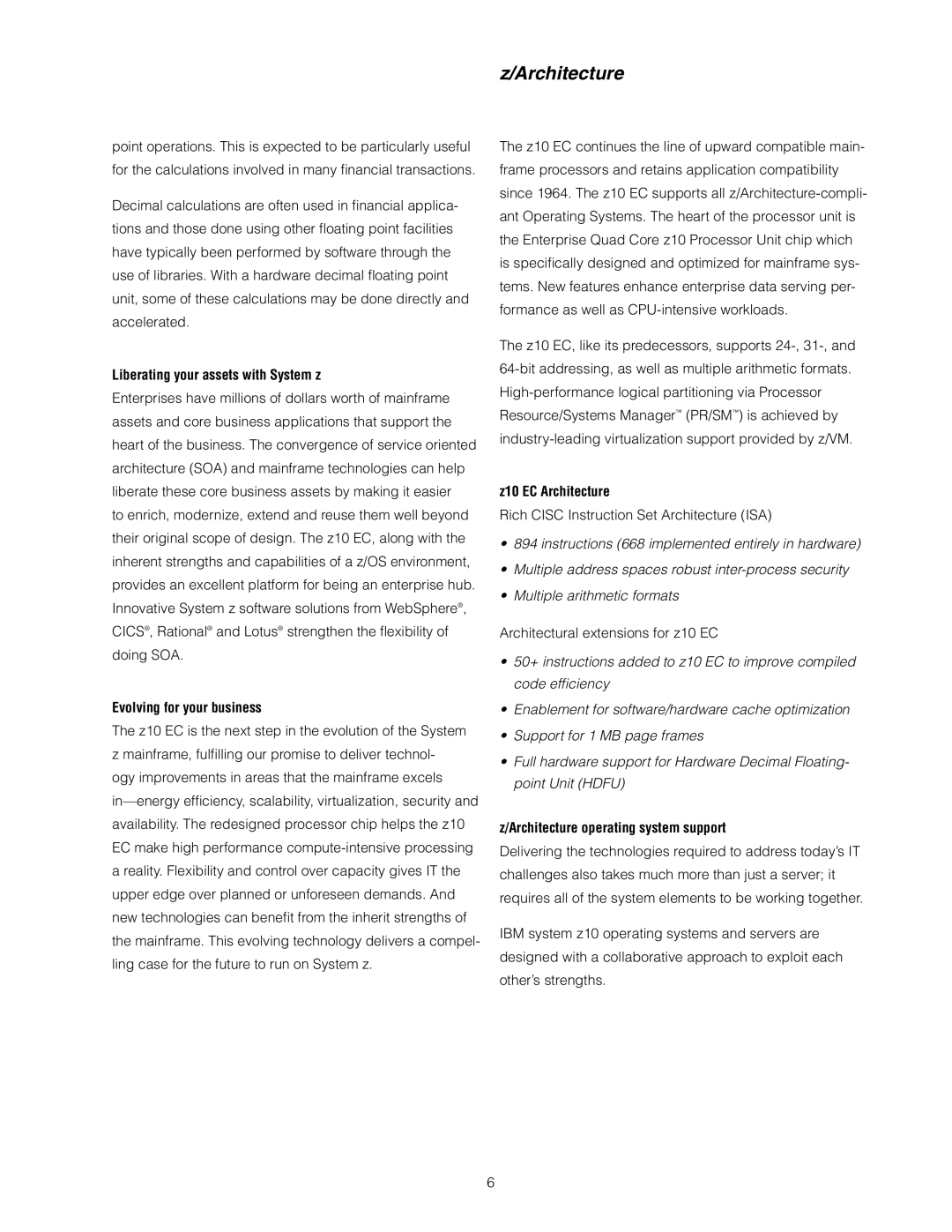 IBM manual Liberating your assets with System z, Evolving for your business, Z10 EC Architecture 