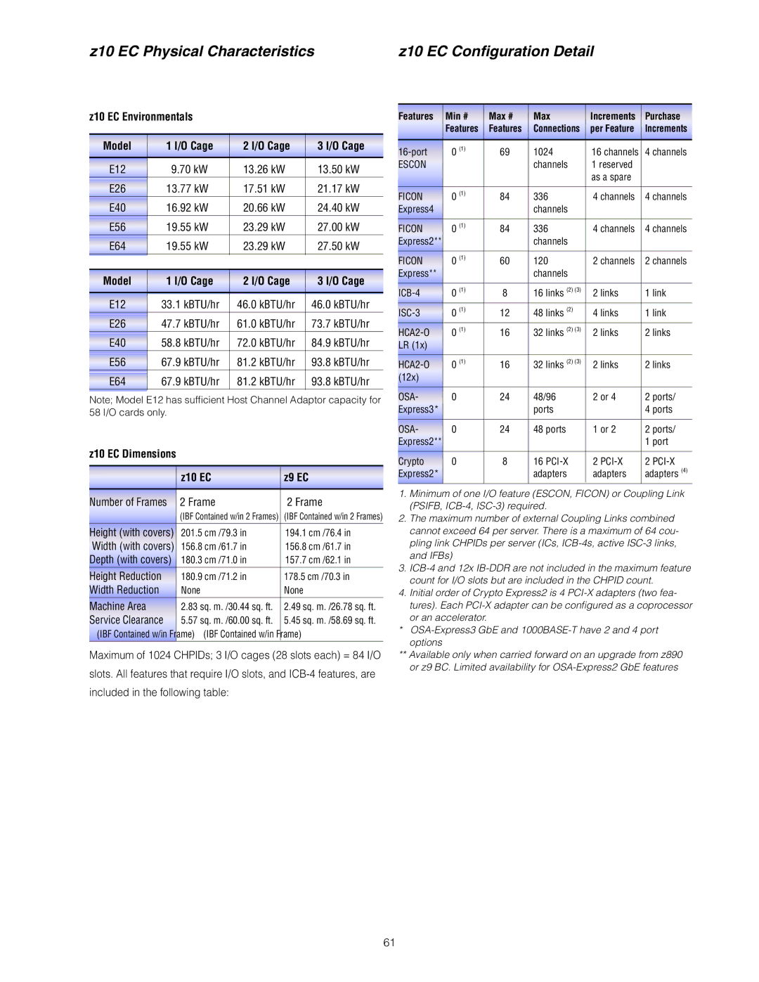 IBM manual Z10 EC Physical Characteristics Z10 EC Conﬁguration Detail, Z10 EC Environmentals Model O Cage 