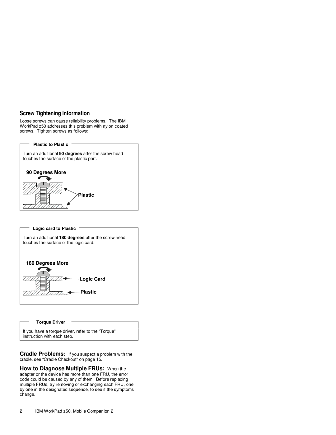 IBM Z50 manual Screw Tightening Information, Plastic to Plastic, Logic card to Plastic, Torque Driver 