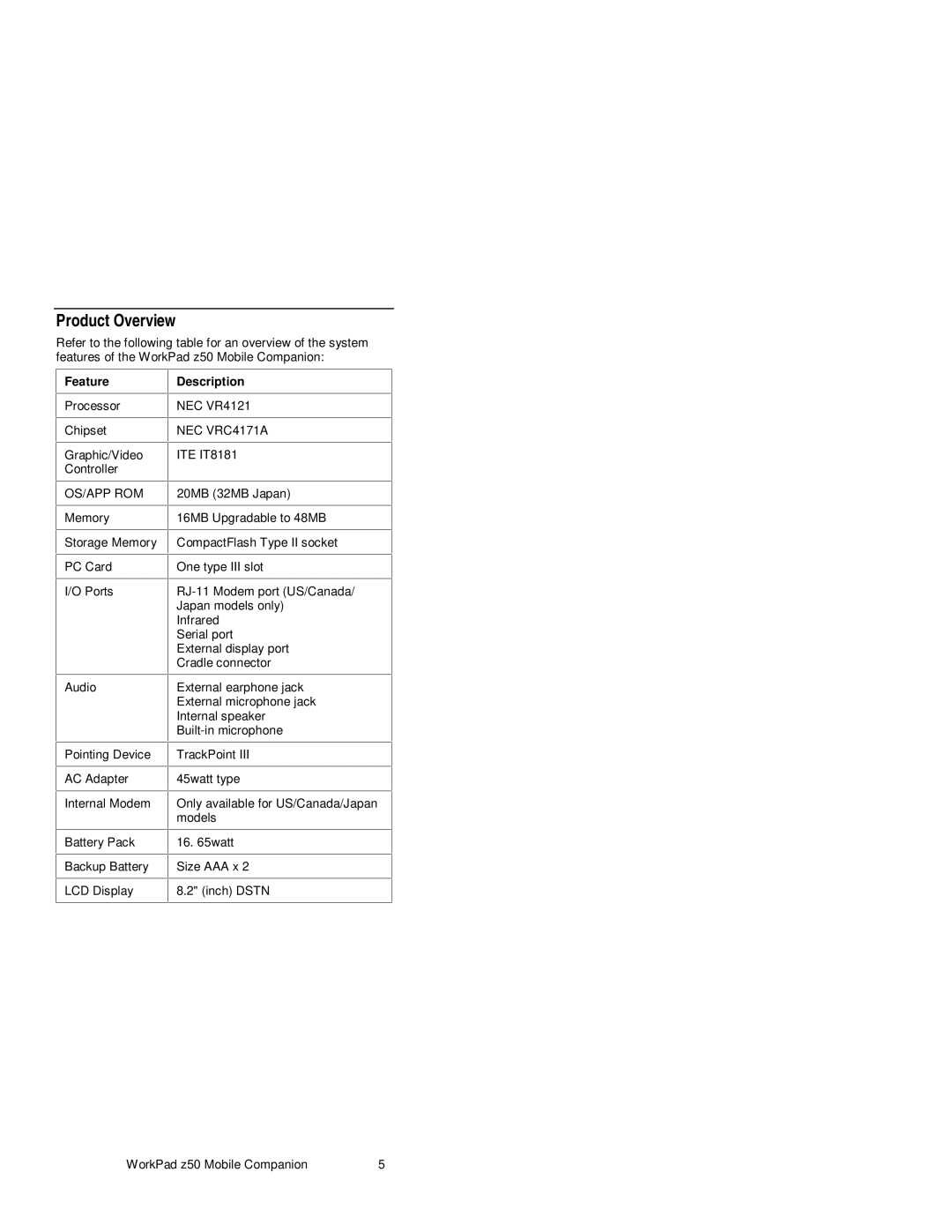 IBM Z50 manual Product Overview, Feature, Description 