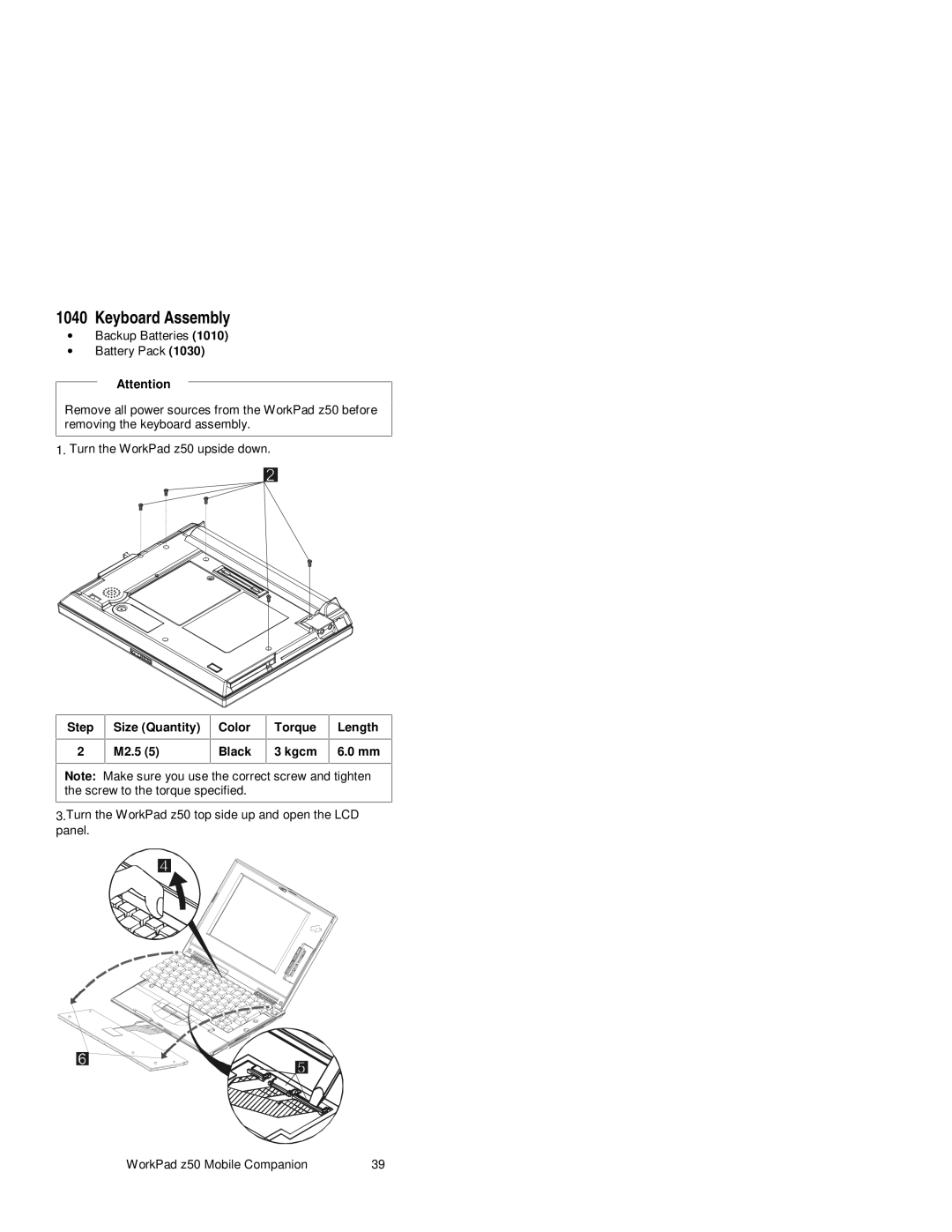 IBM Z50 manual Keyboard Assembly, Step Size Quantity M2.5 Color Black Torque Kgcm Length 