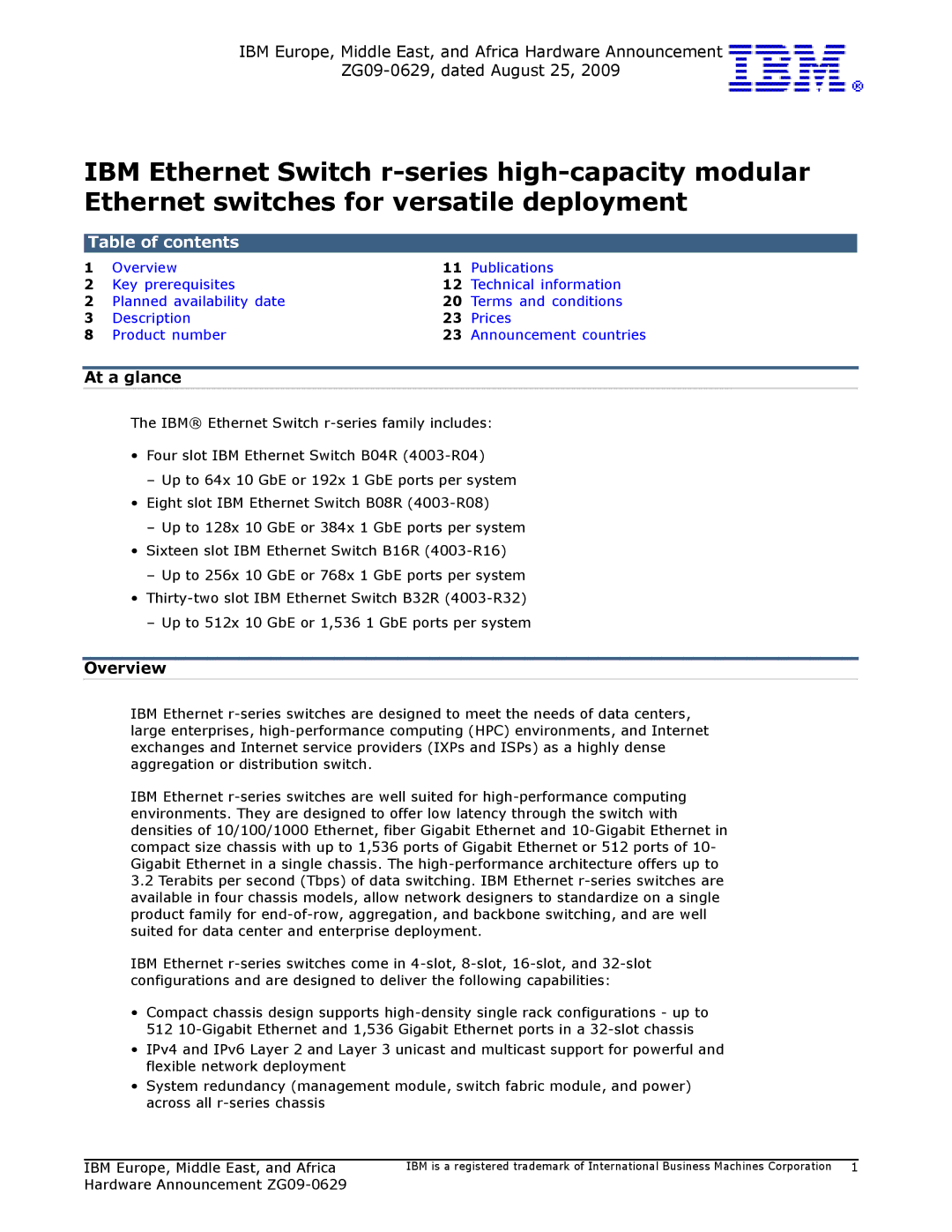 IBM ZG09-0629 manual Table of contents 