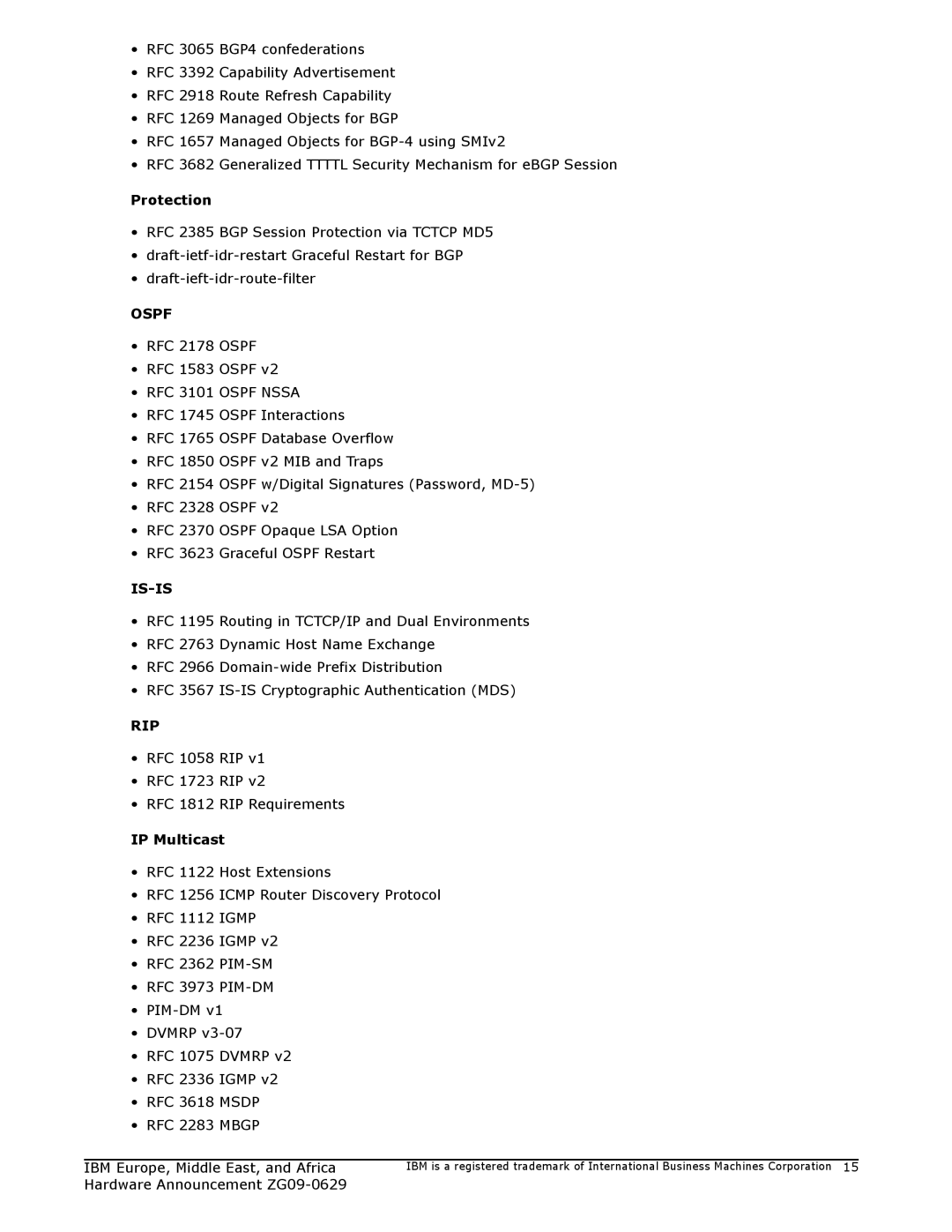 IBM ZG09-0629 manual RFC 3101 Ospf Nssa, Is-Is, Rip 