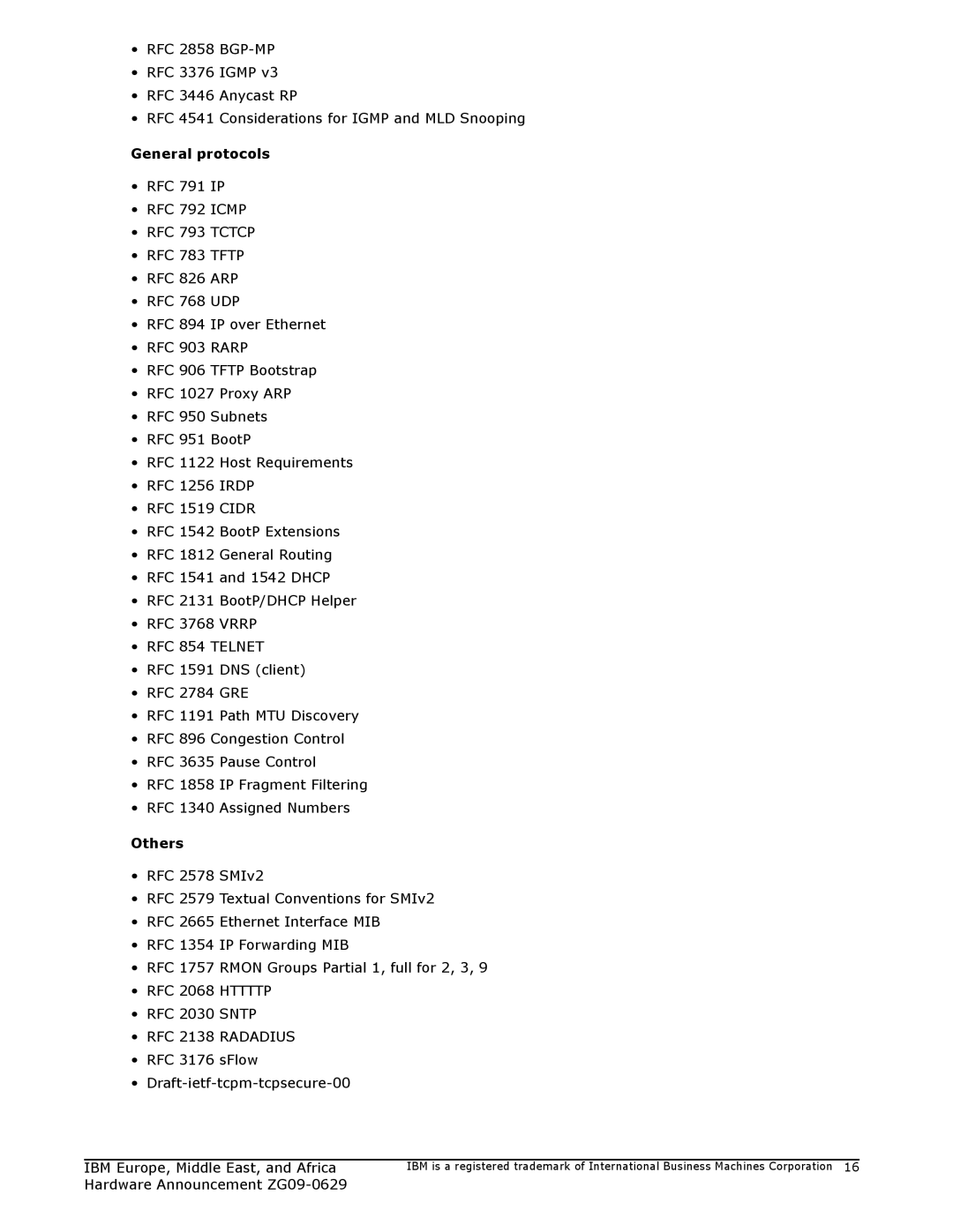 IBM ZG09-0629 manual RFC 793 Tctcp, RFC 854 Telnet, RFC 2068 Httttp, RFC 2138 Radadius 