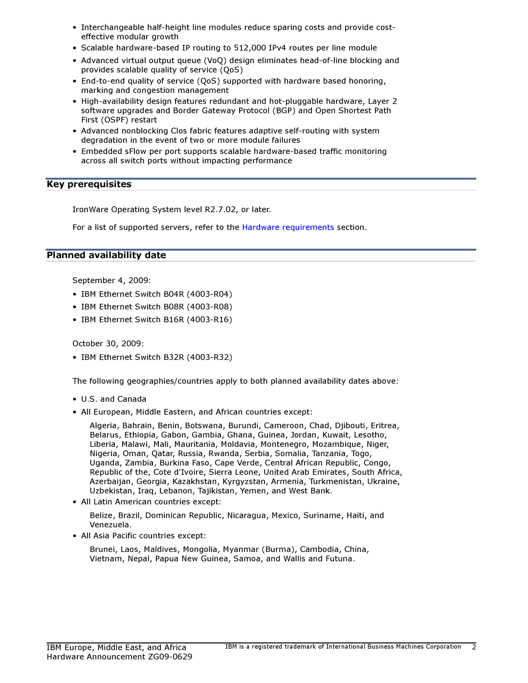 IBM ZG09-0629 manual Key prerequisites, Planned availability date 