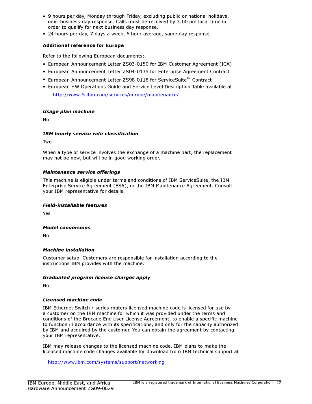 IBM ZG09-0629 manual Usage plan machine IBM hourly service rate classification, Maintenance service offerings 