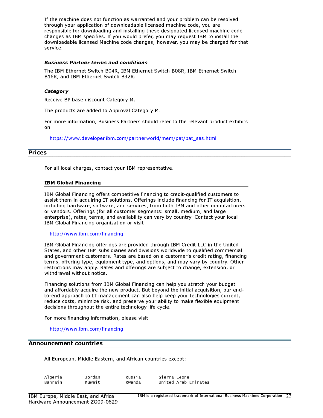 IBM ZG09-0629 manual Prices, Announcement countries, Business Partner terms and conditions, Category 