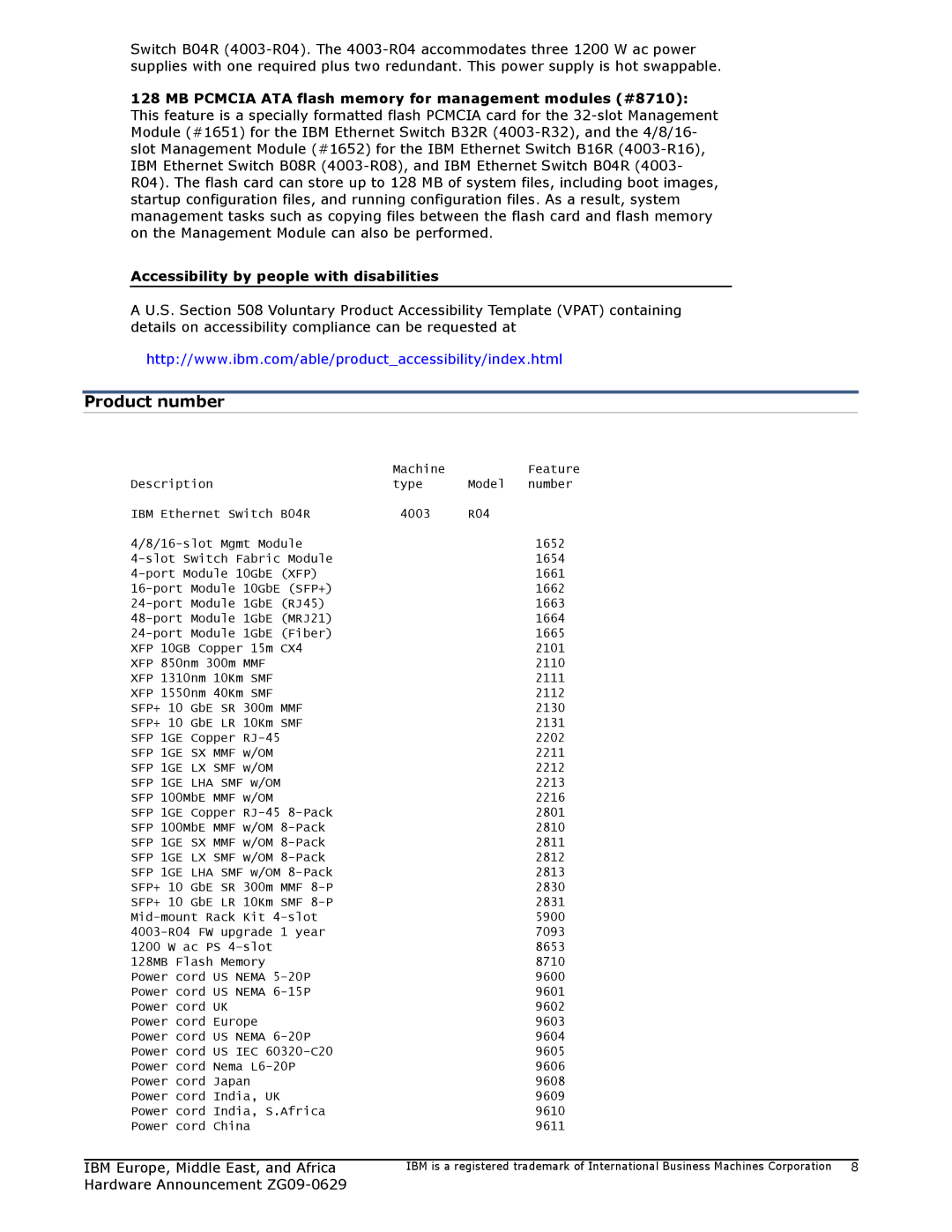 IBM ZG09-0629 manual Product number, Power cord India, S.Africa 9610 China 9611 